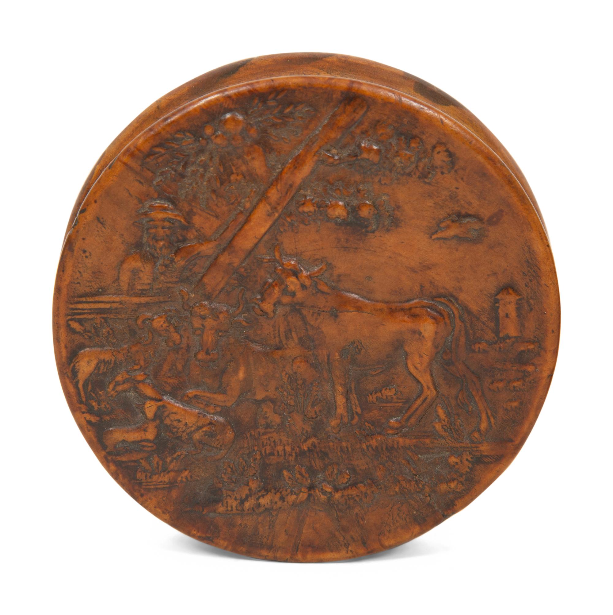 A Scottish Mauchline Ware Table Snuff Box, a French Pressed Wood Box and a Carved Dutch Girl Figural Snuff Box