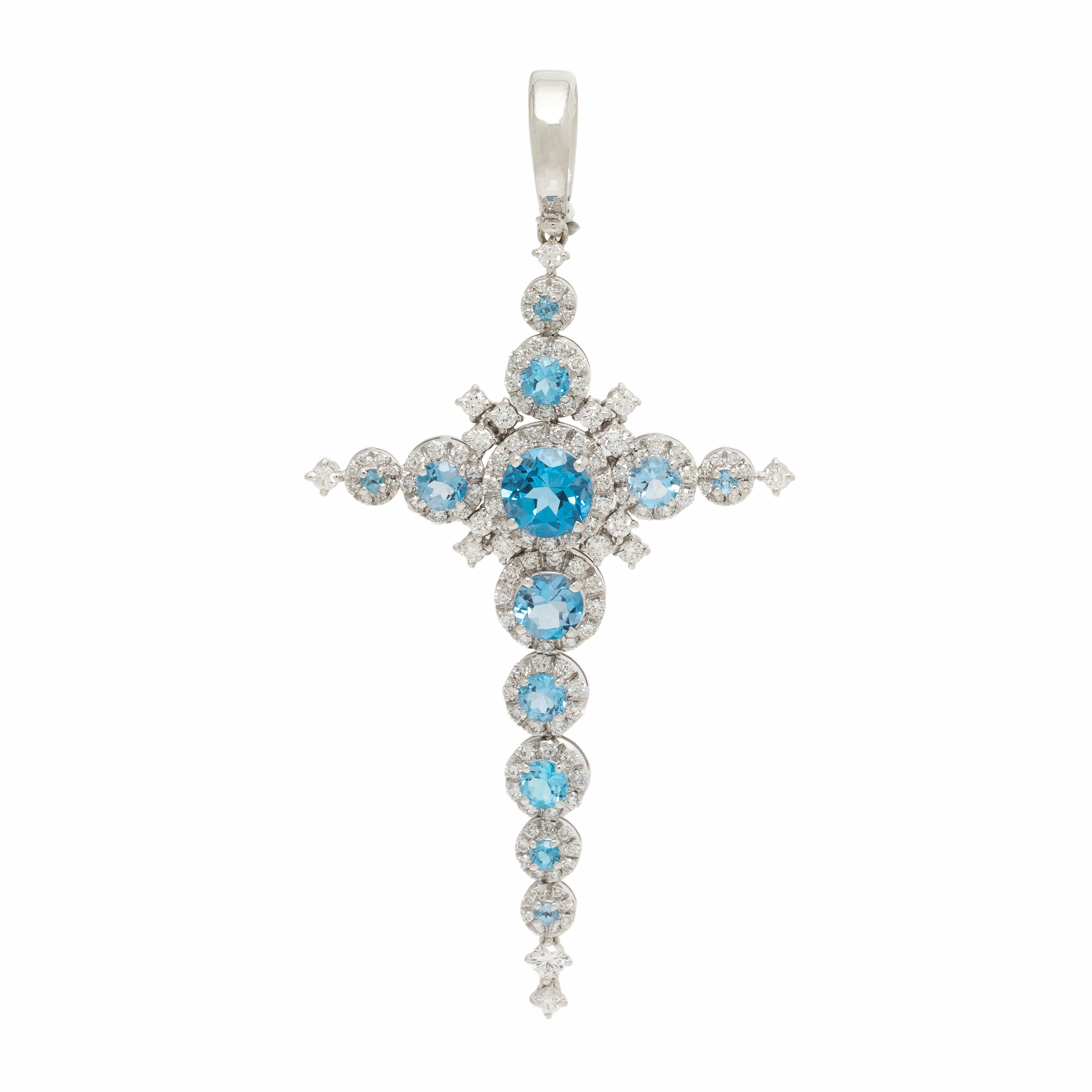 Blue Topaz, Diamond, and White Gold Articulated Cross Pendant