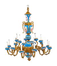 A Sèvres Style Gilt Metal and Painted Glass Eighteen-Light Chandelier