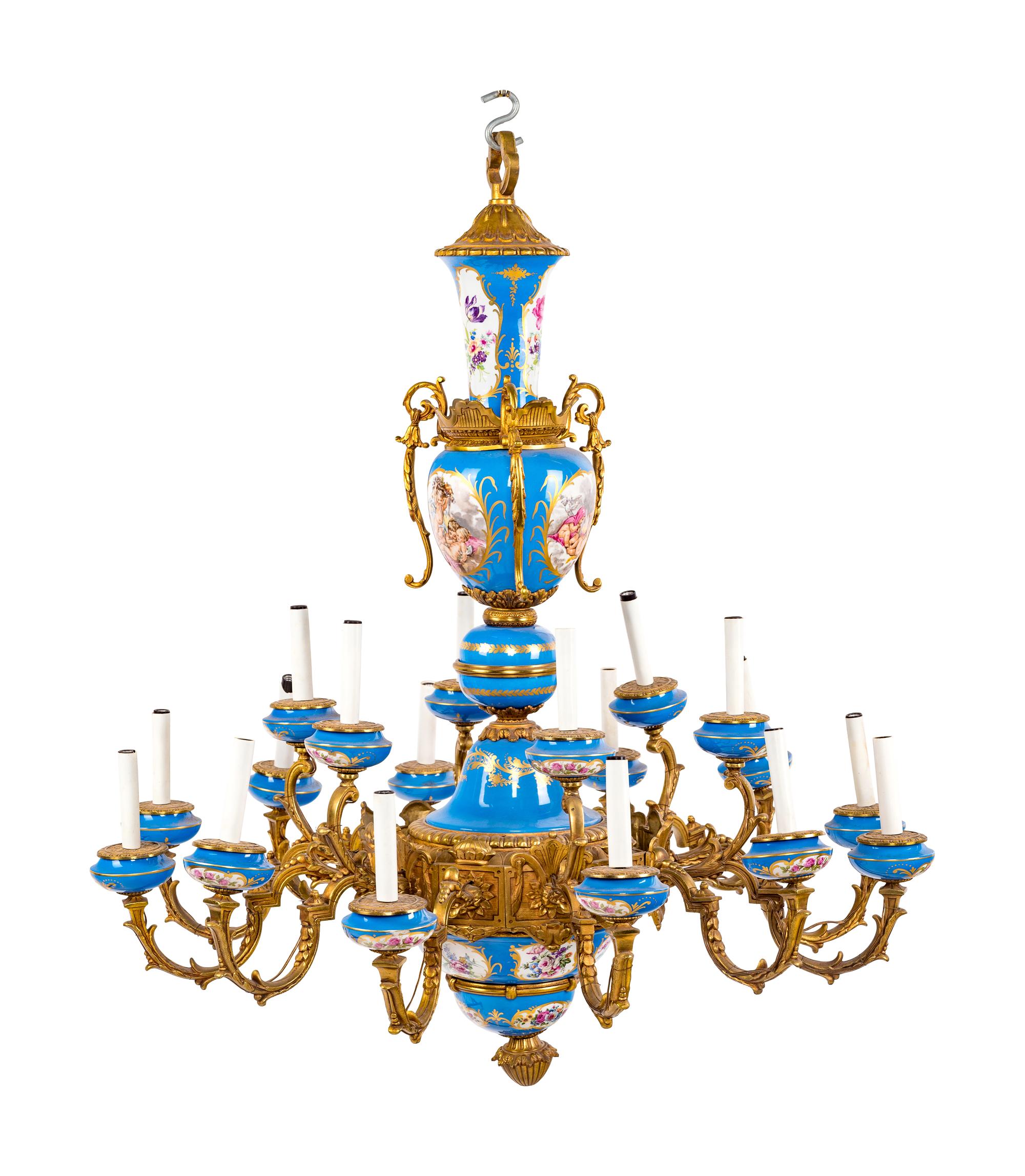 A Sèvres Style Gilt Metal and Painted Glass Eighteen-Light Chandelier