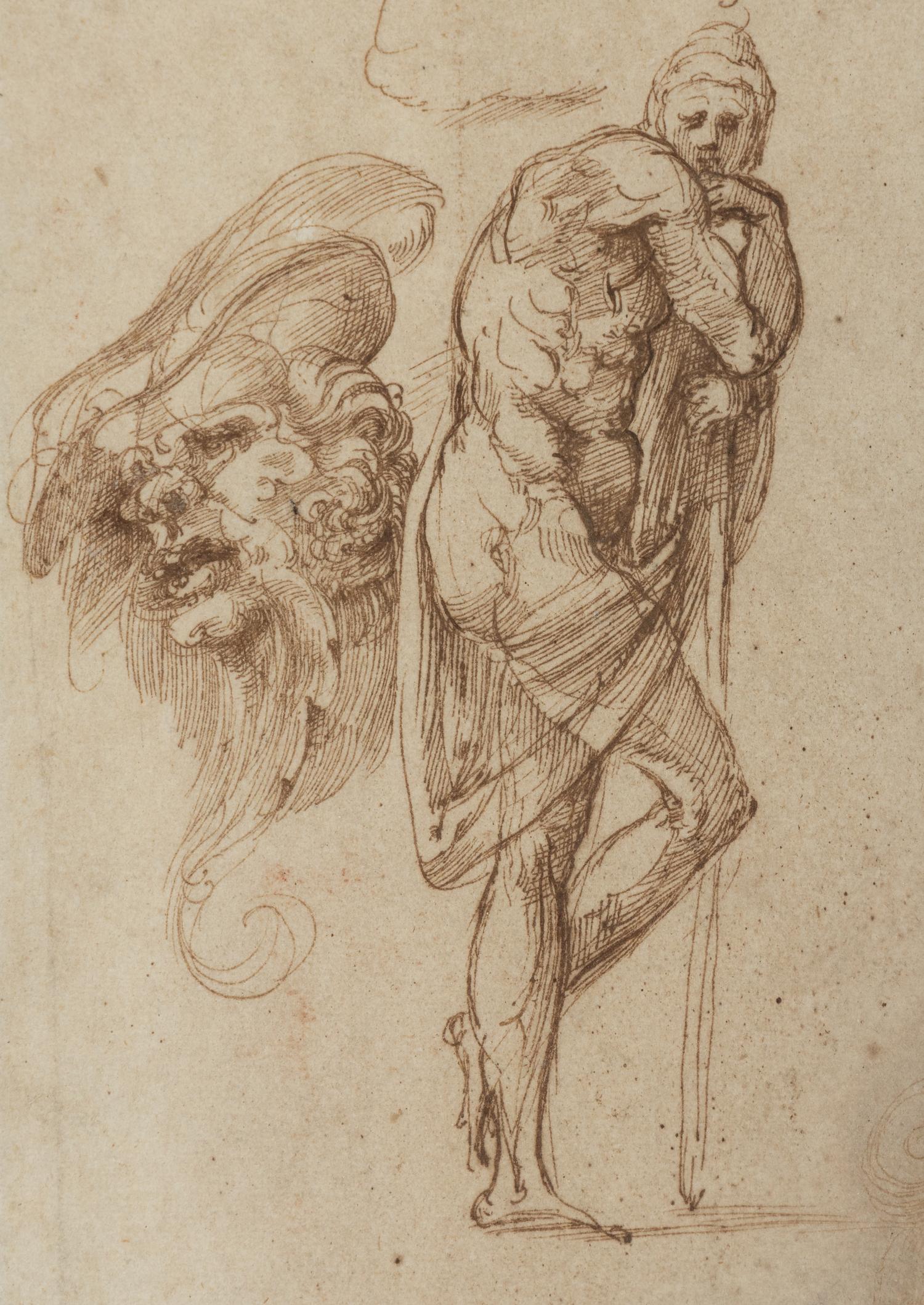 Studies of a Man Leaning on a Staff and of a Grotesque Head