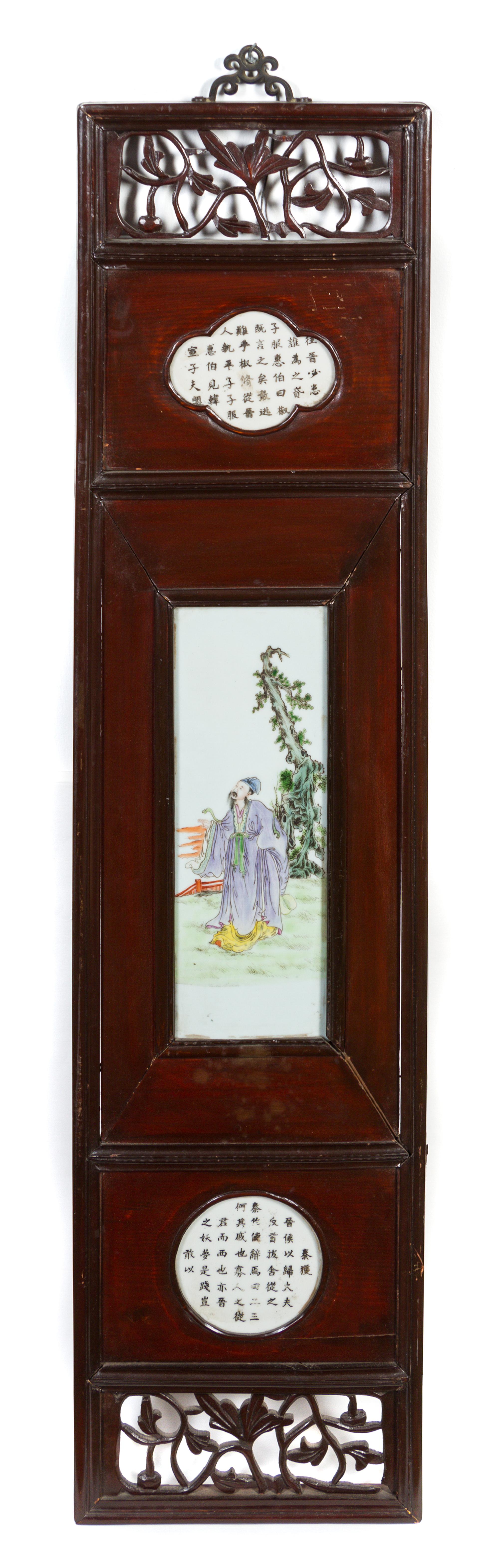 A Set of Four Chinese Famille Rose Porcelain and Wood Panels 19TH CENTURY Height overall 42 1/4 x width 10 1/4 inches. — 19TH CENTURY