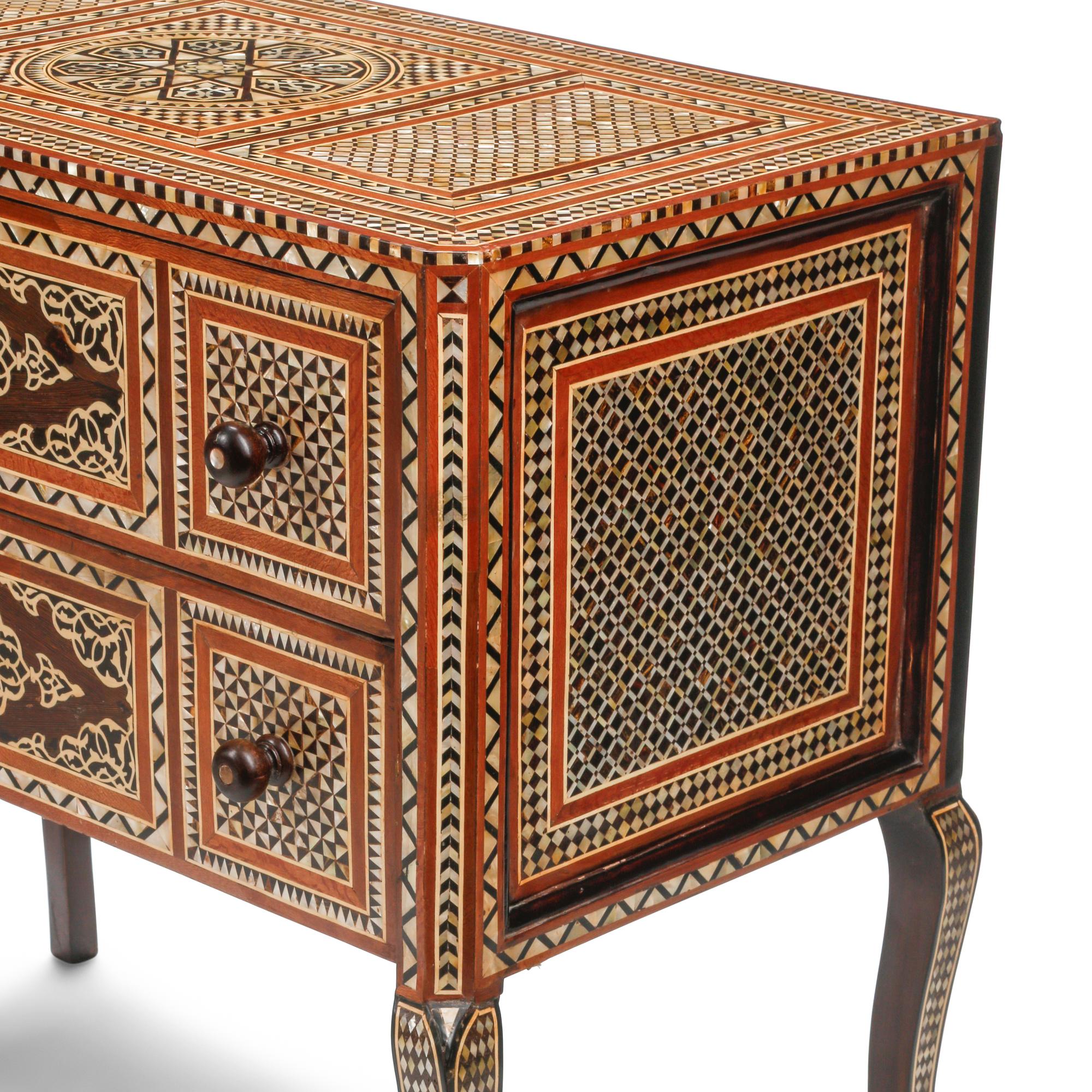 A Pair of Moorish Style Marquetry Commodes