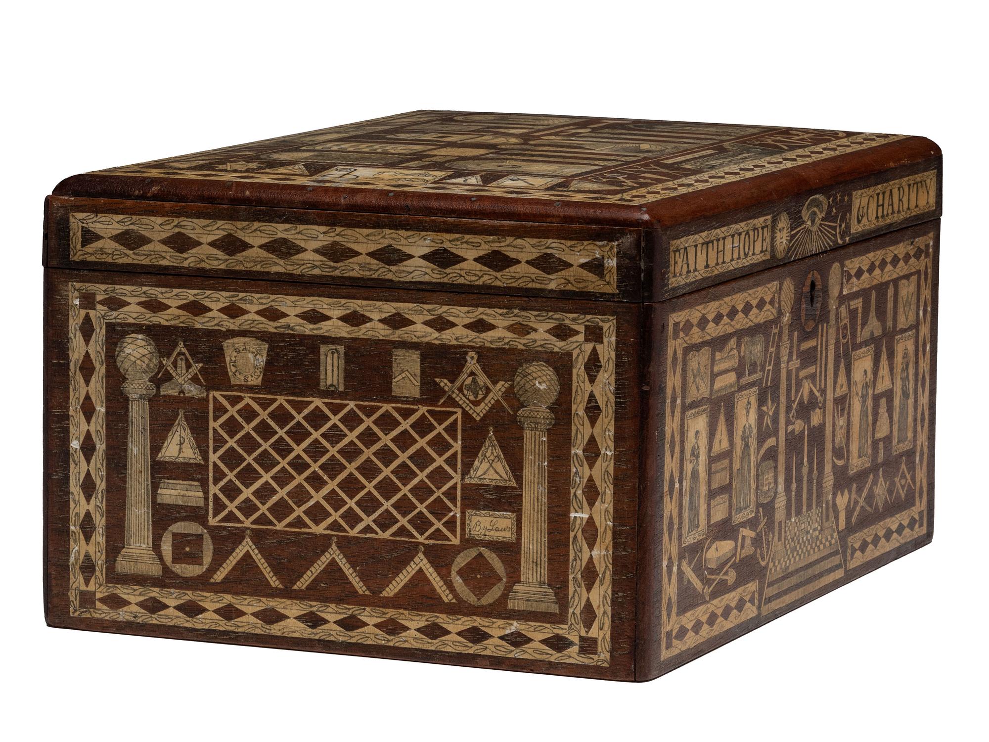 An American Scottish Rite Masonic-Decorated Sulphur Inlaid and Penwork Walnut Cash Box