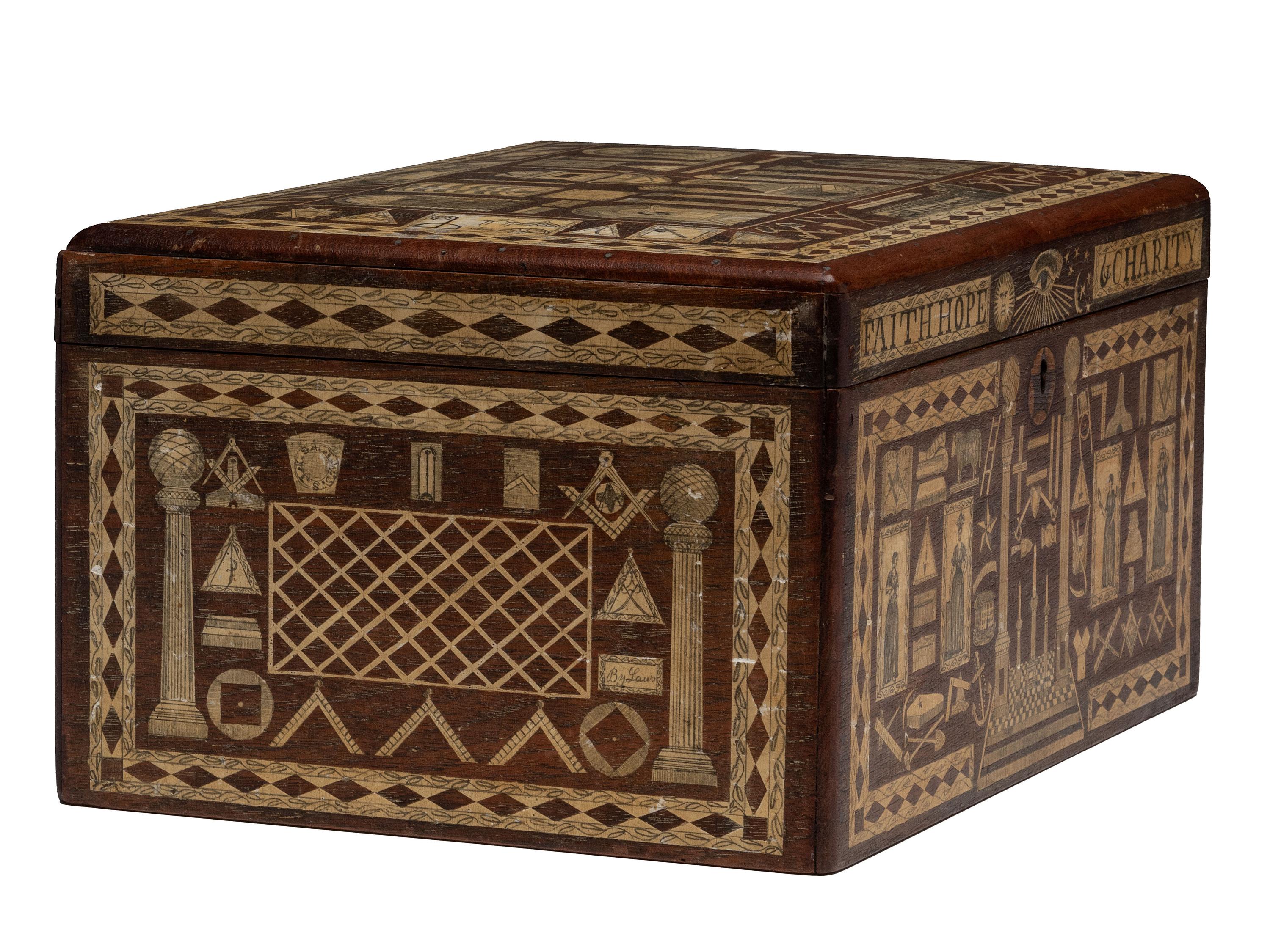 An American Scottish Rite Masonic-Decorated Sulphur Inlaid and Penwork Walnut Cash Box