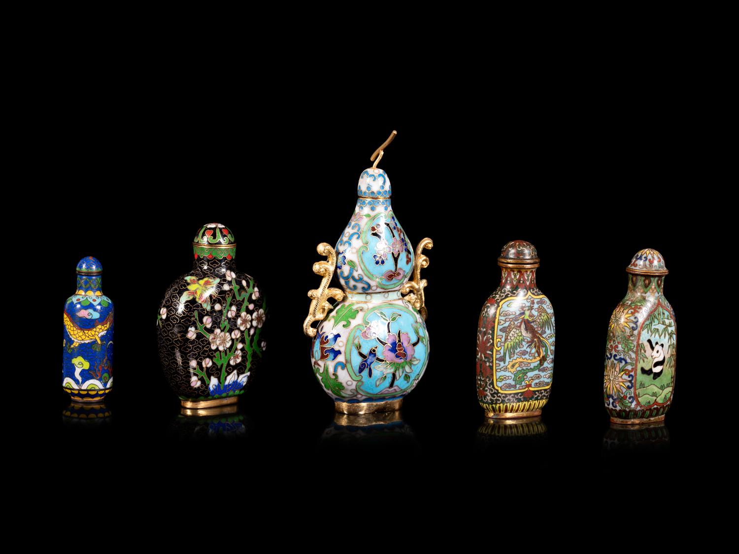 Five Chinese Cloisonné Enamel Snuff Bottles