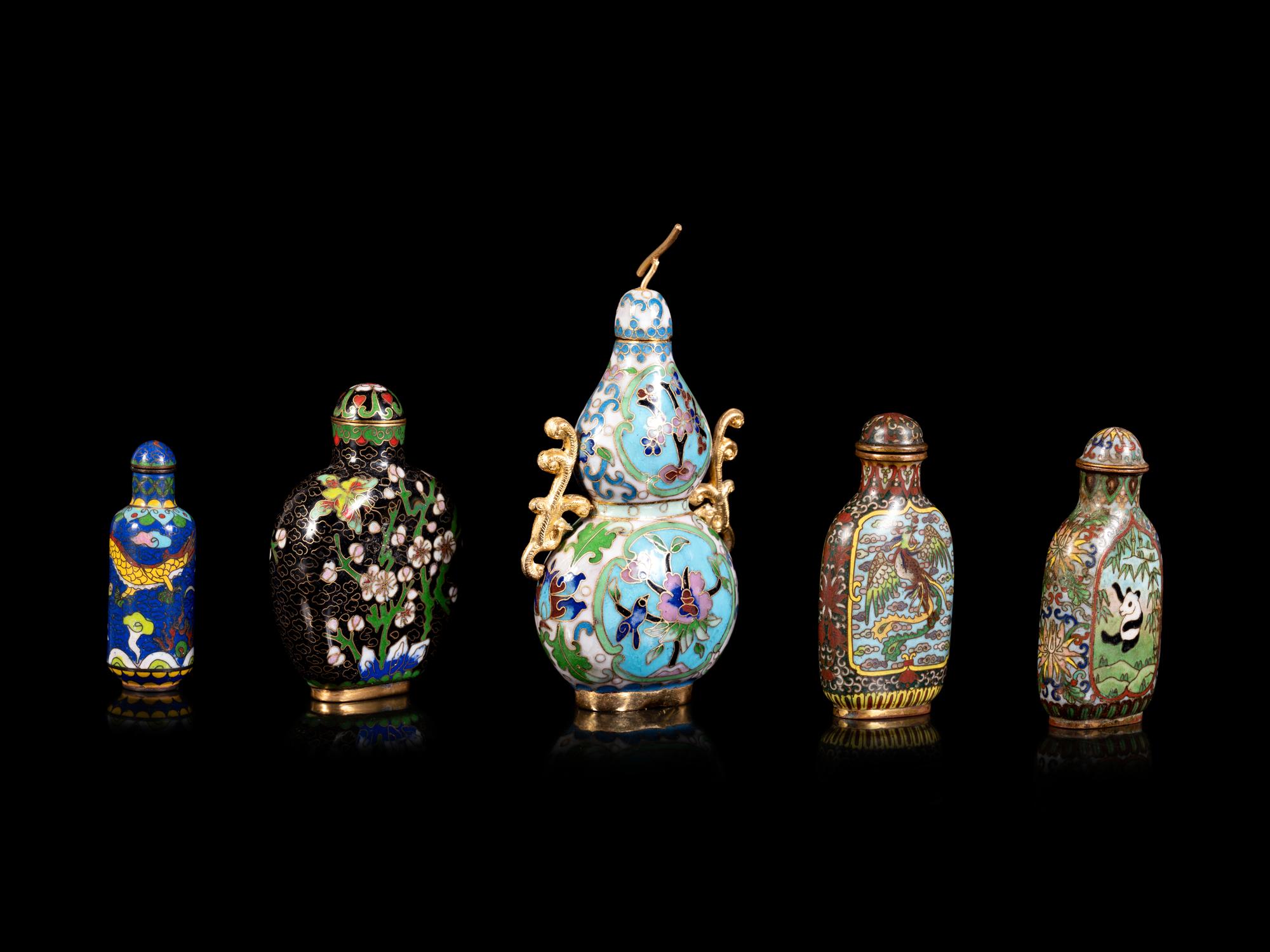 Five Chinese Cloisonné Enamel Snuff Bottles