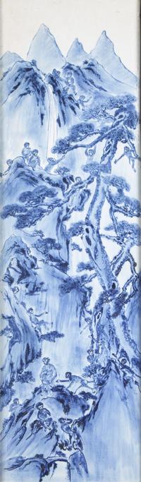 A Set of Four Chinese Blue and White Porcelain Wall Plaques 青花山水圖四條屏