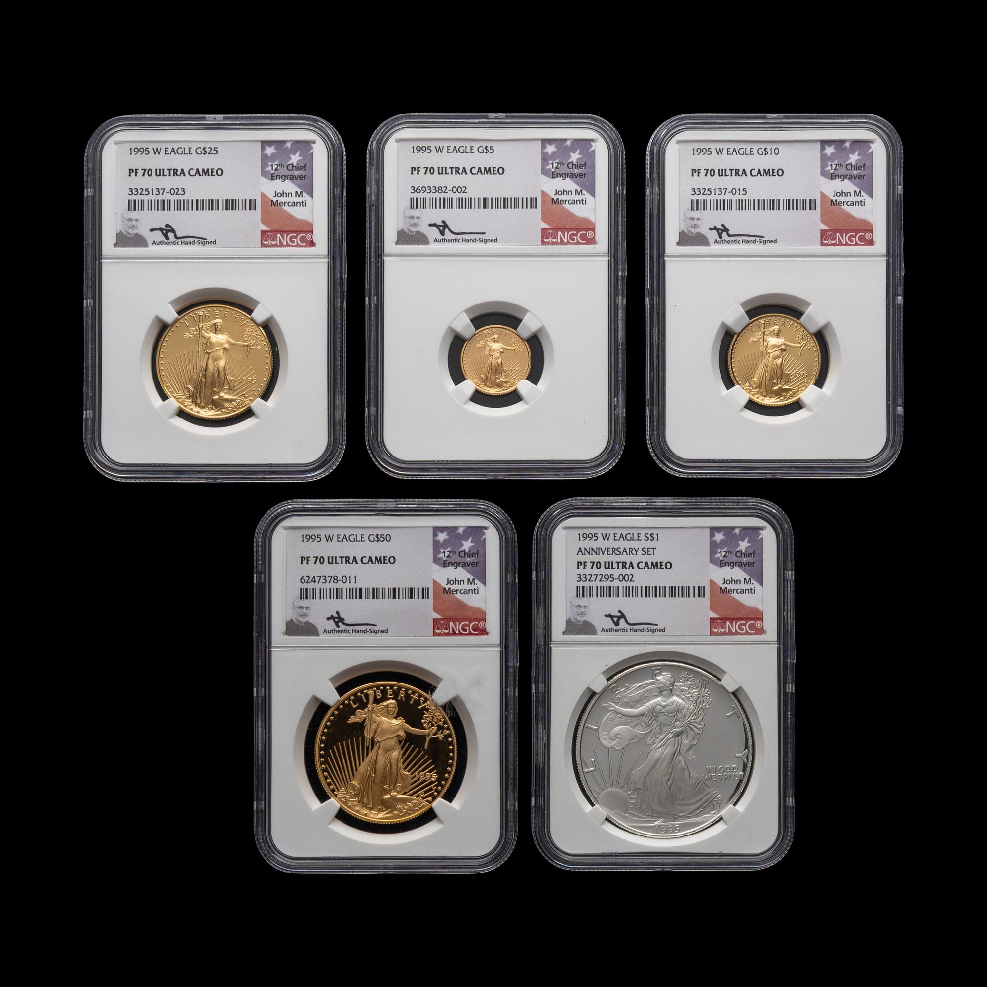 A 1995-W Gold and Silver Eagle 5 Coin Proof Set [NGC PF70 Ultra Cameo: John Mercanti Signed Labels]