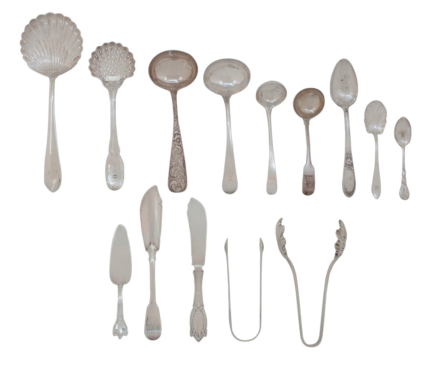 A Group of American and English Silver Serving Pieces, , comprising; 3 shell form serving spoons, 4 sauce ladles, 2 sugar tongs, 2 butt