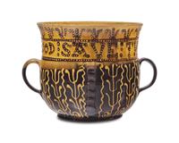 Michelle Erickson (B. 1960), A Lead Glazed Redware " God Save the Queen" Slip-Decorated Posset Pot