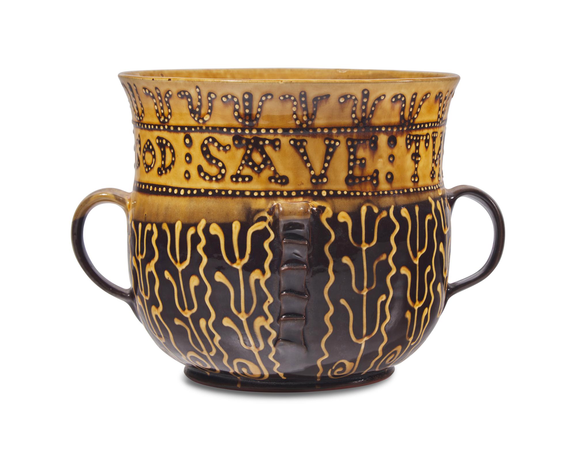 Michelle Erickson (B. 1960), A Lead Glazed Redware " God Save the Queen" Slip-Decorated Posset Pot