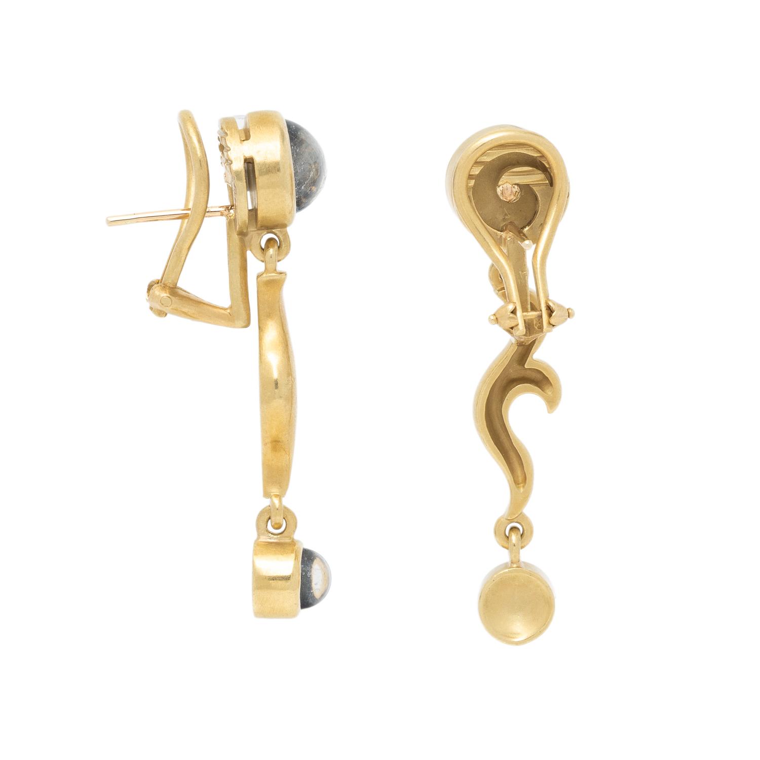 ELIZABETH RAND, MOONSTONE AND YELLOW GOLD PENDANT EARRINGS