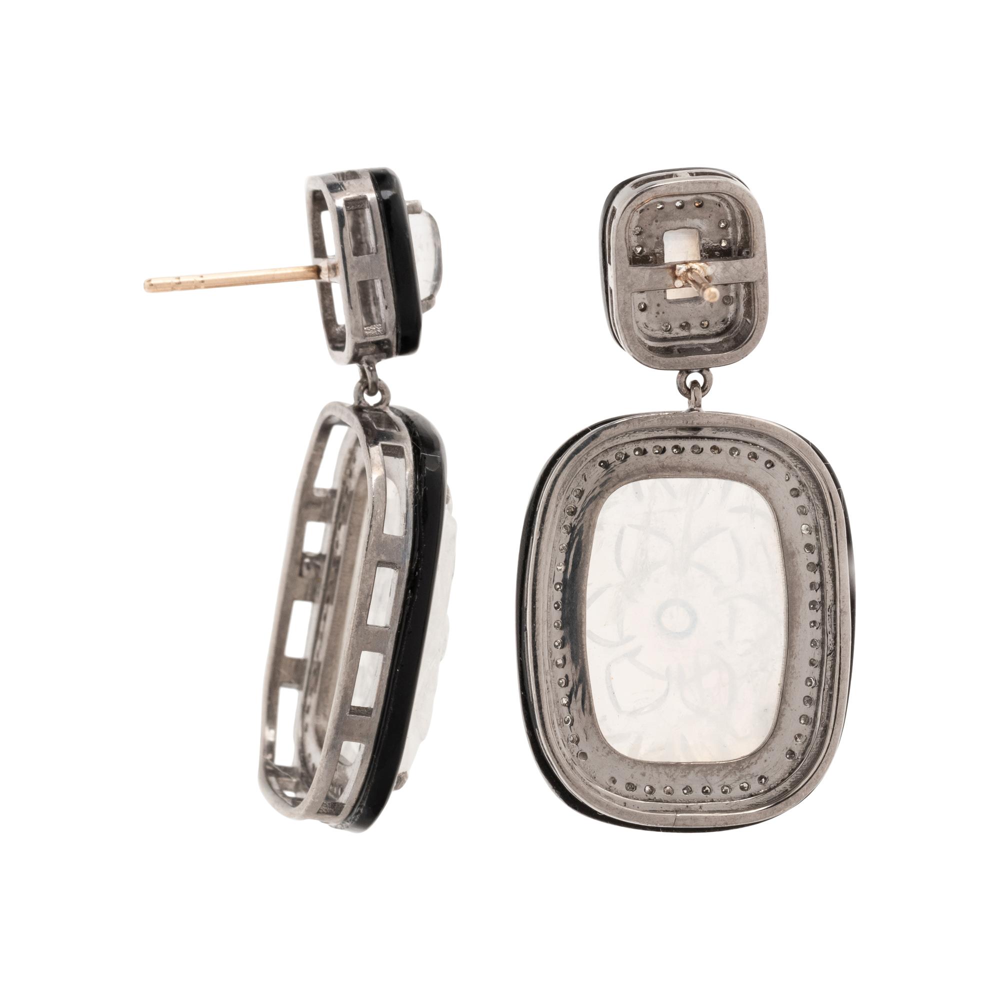 MOONSTONE, DIAMOND AND BLACK ONYX EARRINGS
