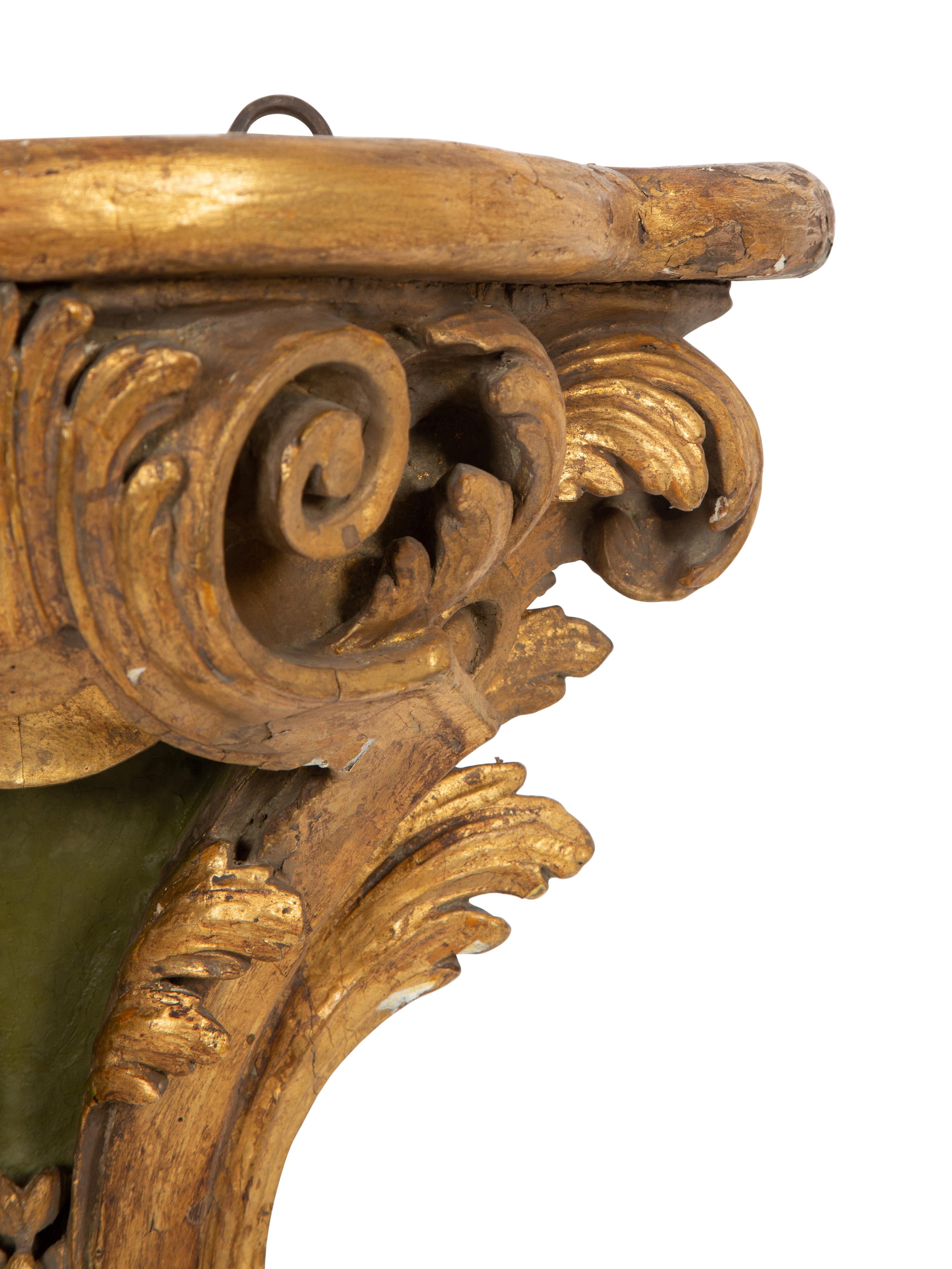 A Pair of Continental Parcel Gilt and Green-Painted Large Wall Brackets