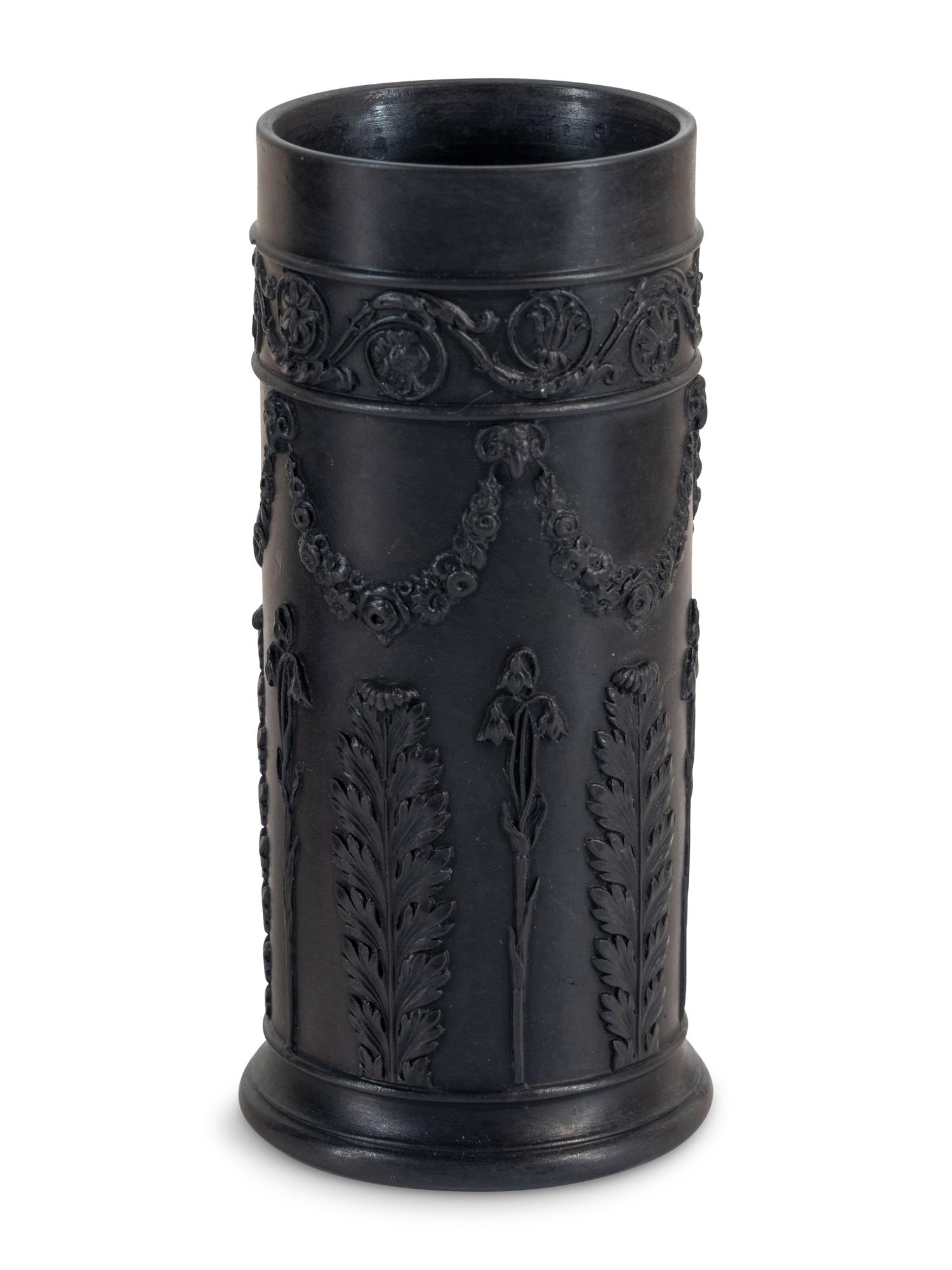 A Wedgwood Basalt Bough Pot and Pair of Spill Vases