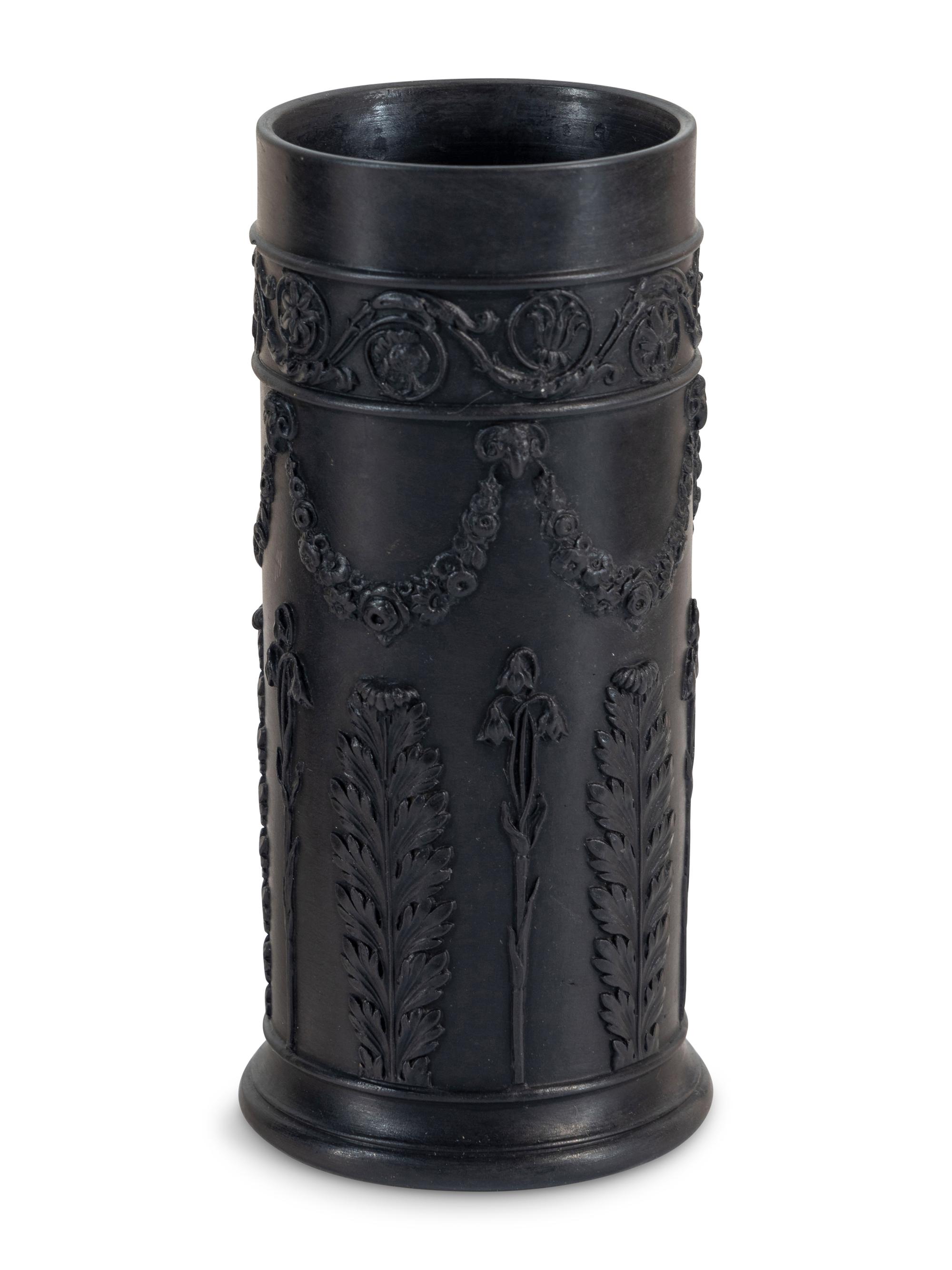 A Wedgwood Basalt Bough Pot and Pair of Spill Vases