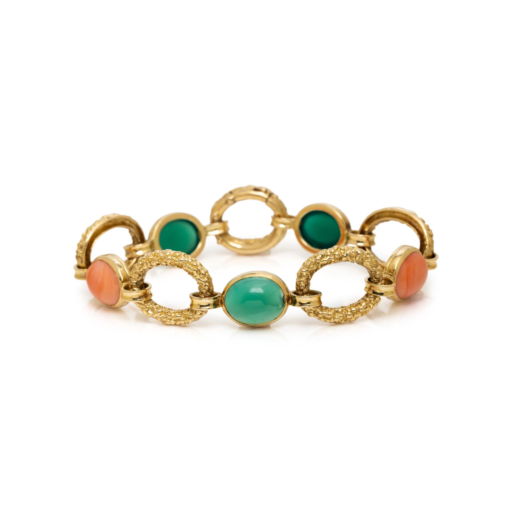 YELLOW GOLD, CORAL, AND CHRYSOPRASE BRACELET
