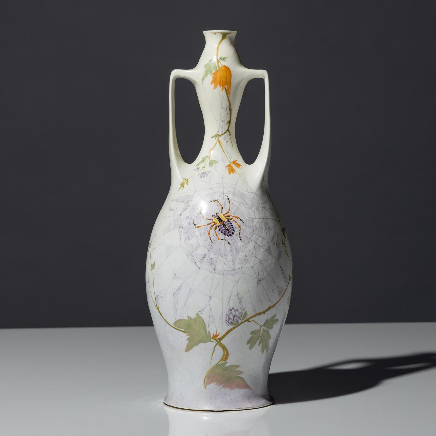 Eggshell porcelain two-handled vase with polychrome spider, web and floral decor, model 117p
