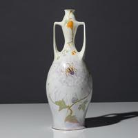 Eggshell porcelain two-handled vase with polychrome spider, web and floral decor, model 117p