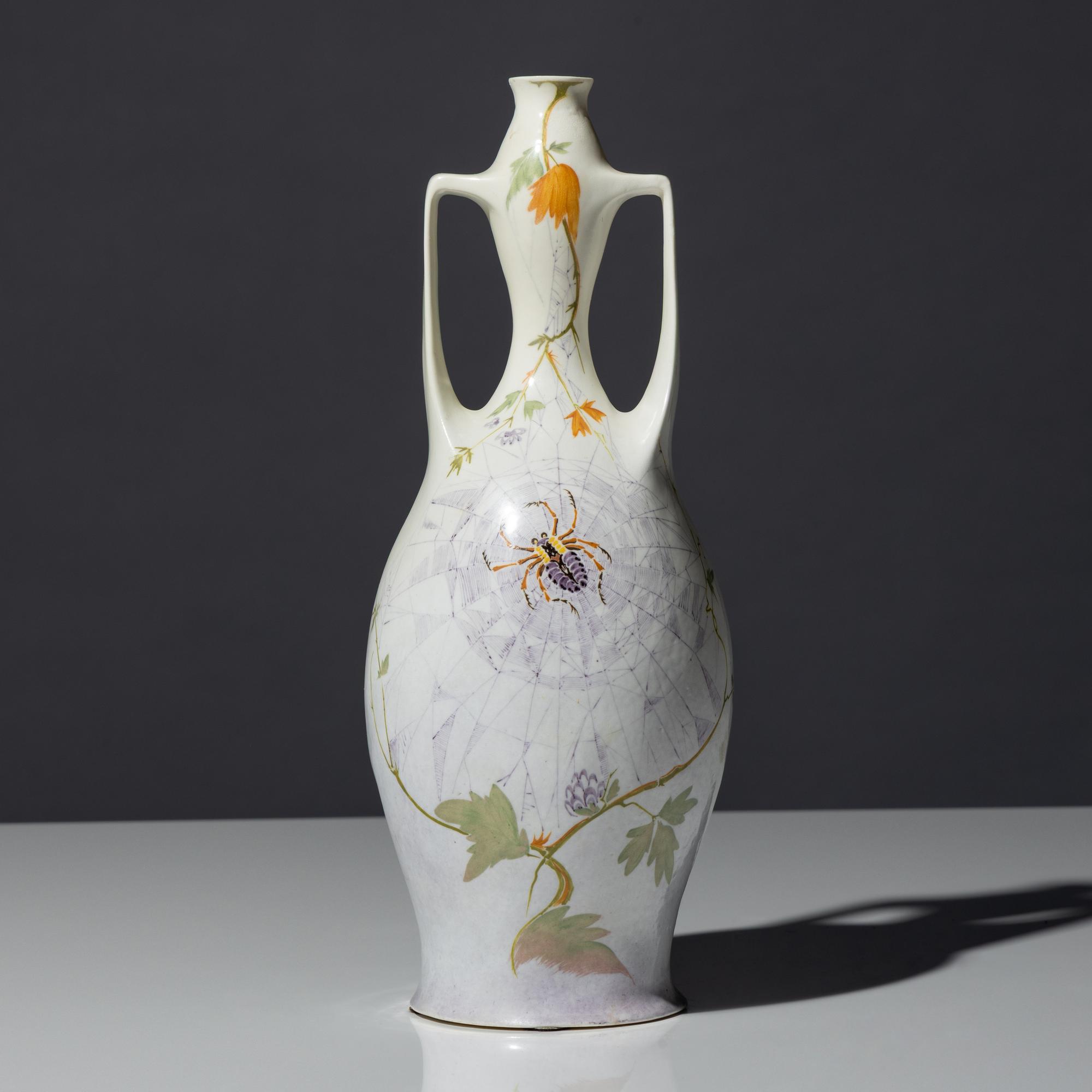 Eggshell porcelain two-handled vase with polychrome spider, web and floral decor, model 117p