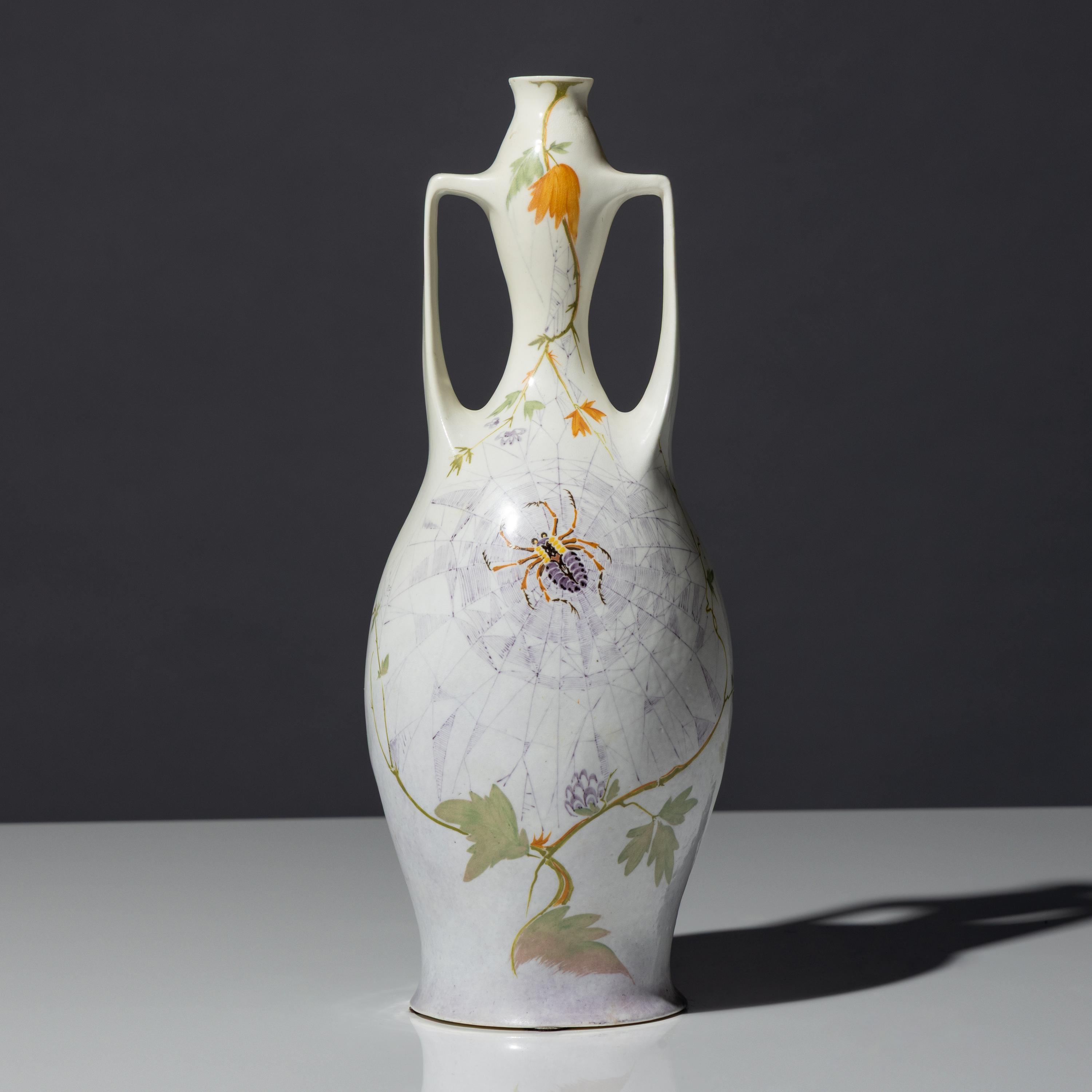 Eggshell porcelain two-handled vase with polychrome spider, web and floral decor, model 117p