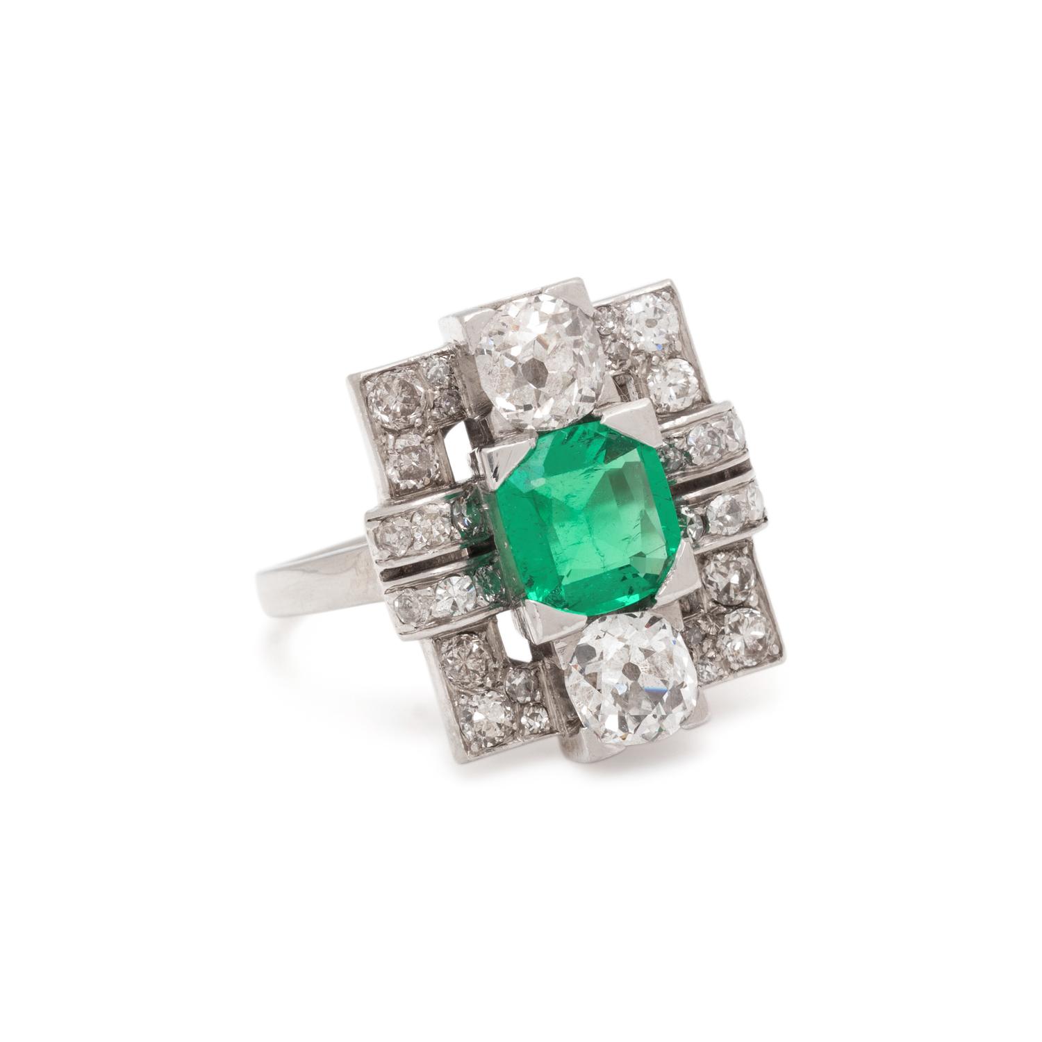 ART DECO, EMERALD AND DIAMOND RING