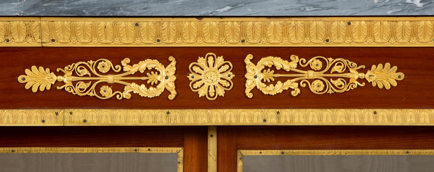A Pair of Empire Style Gilt Bronze Mounted Mahogany Marble Top Vitrine Cabinets
