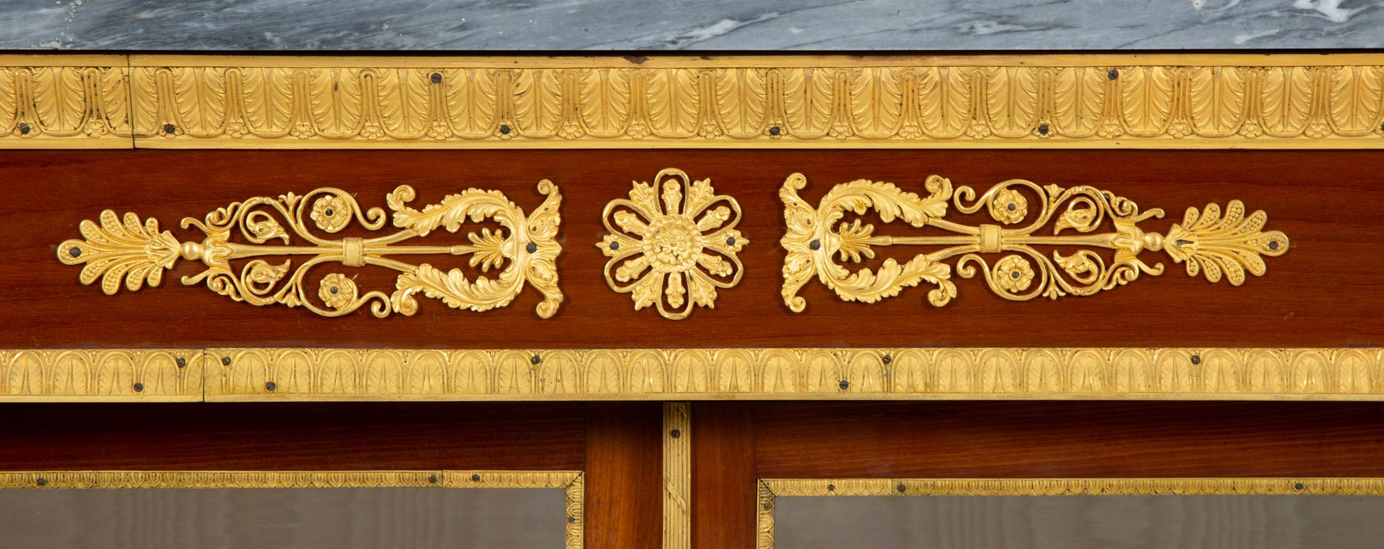 A Pair of Empire Style Gilt Bronze Mounted Mahogany Marble Top Vitrine Cabinets