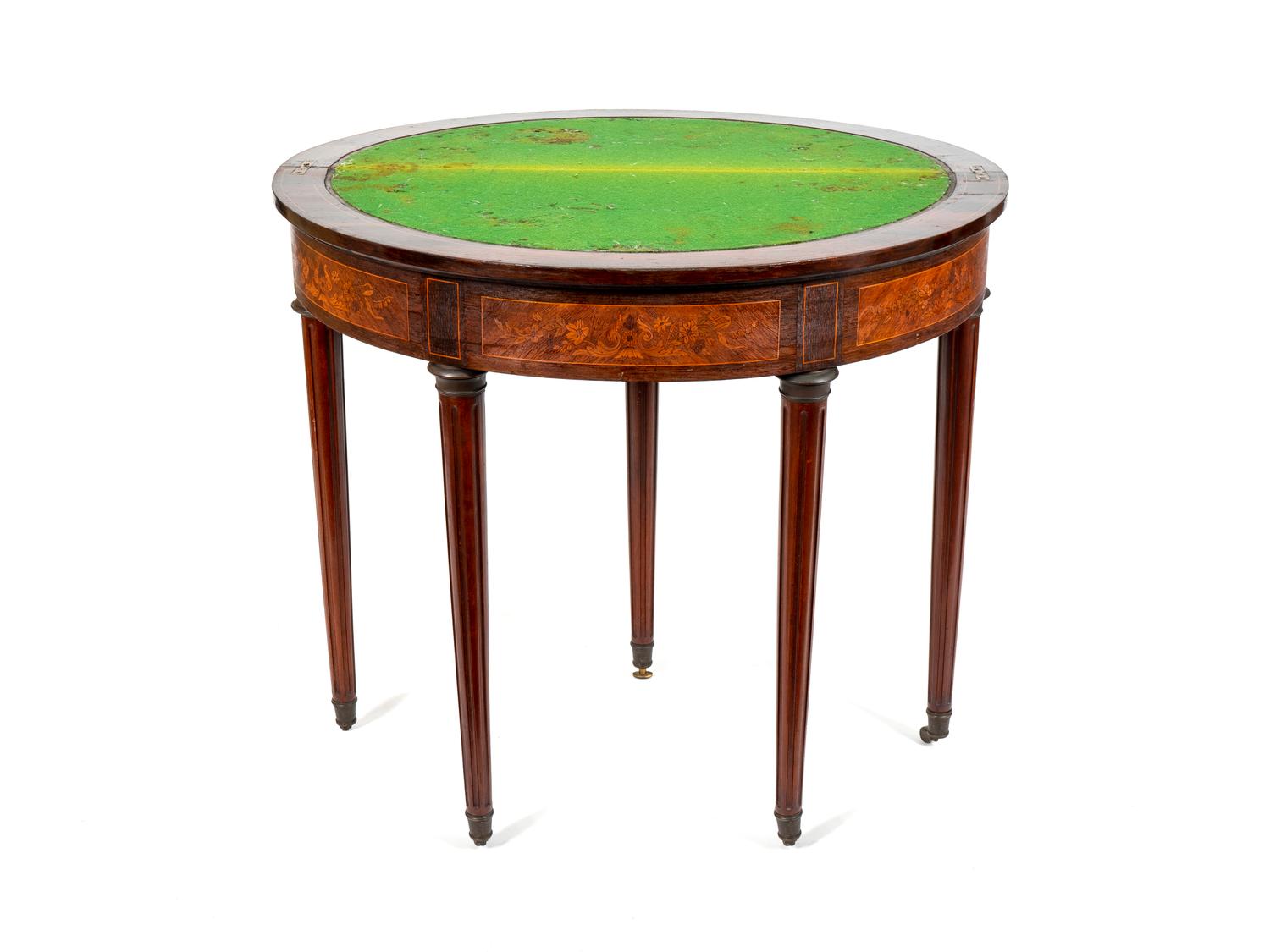 A Louis XVI Style Demilune Marquetry Flip Top Game Table — 19TH CENTURY