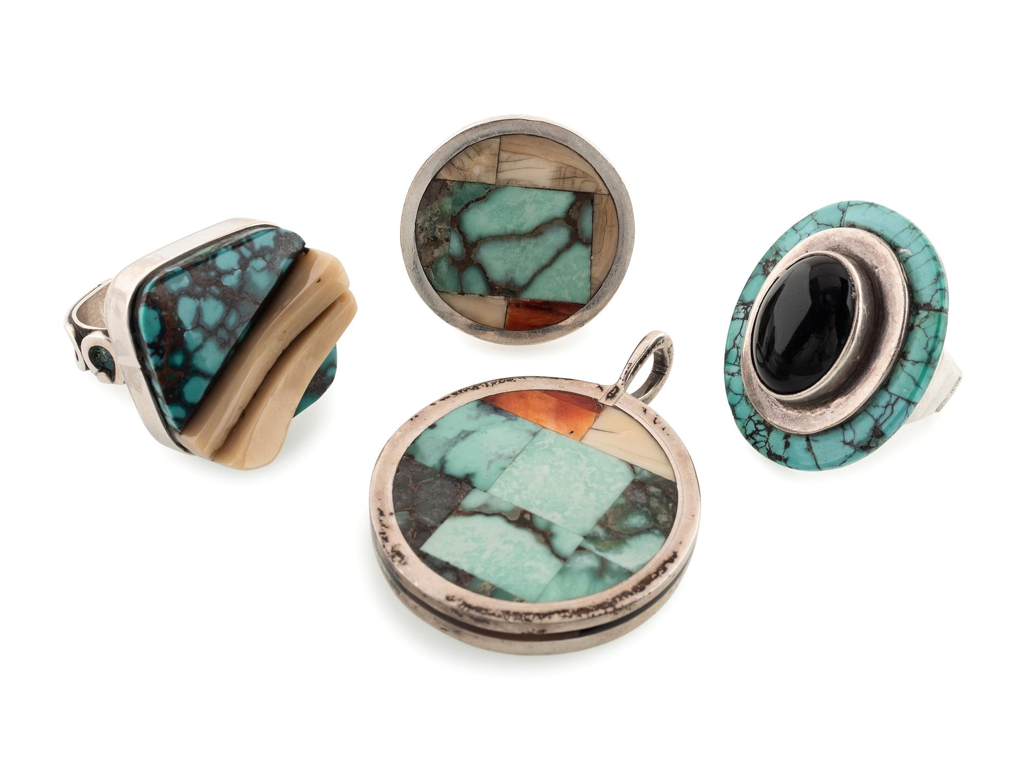 Zuni and Navajo Silver and Mosaic Inlay Rings and Pendant