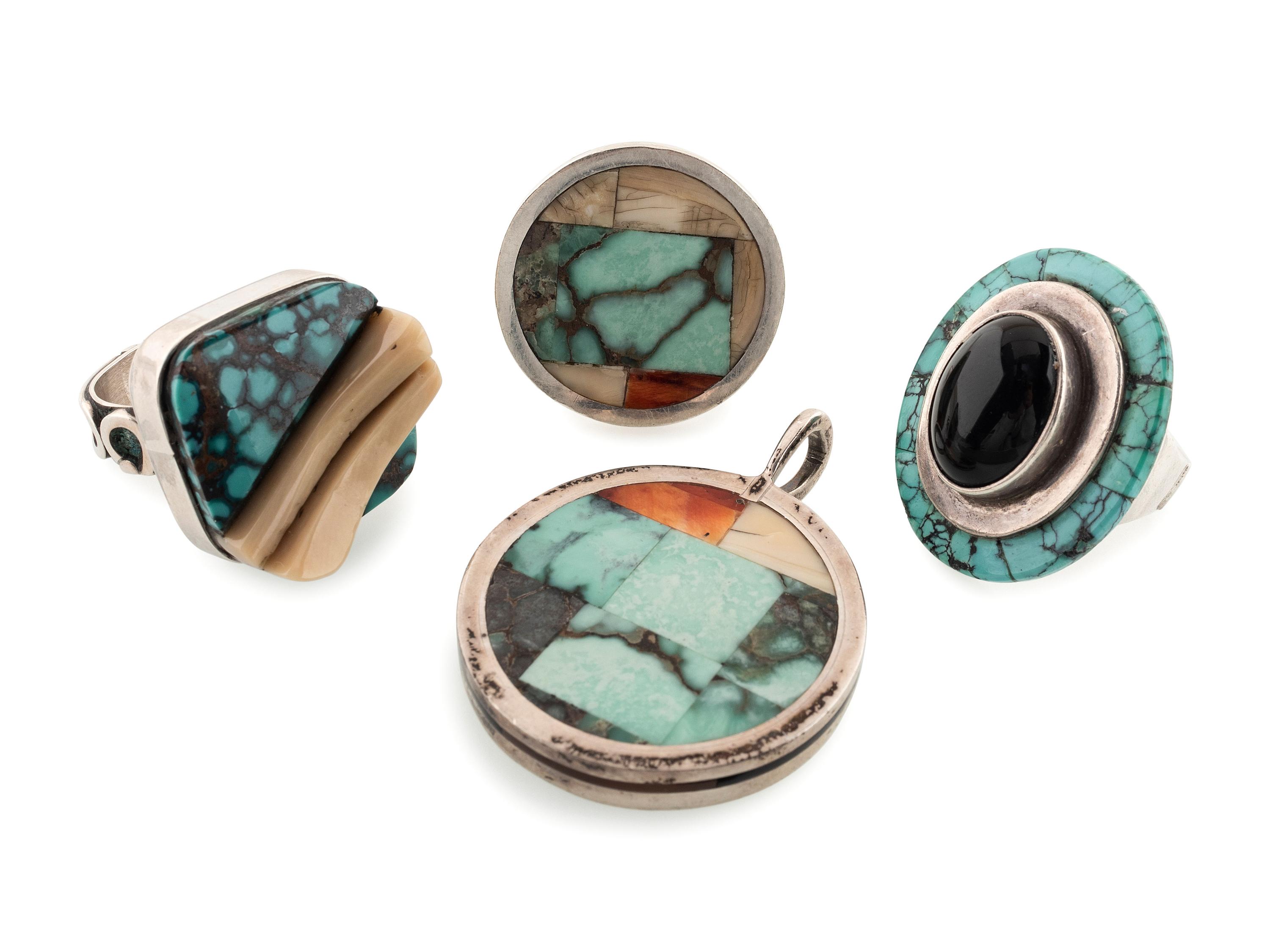 Zuni and Navajo Silver and Mosaic Inlay Rings and Pendant