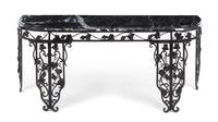 An American Wrought Iron and Marble Console Table Height 33 x width 81 1/2 x depth 19 1/4 inches. — EARLY 20TH CENTURY WITH LATER PAINT