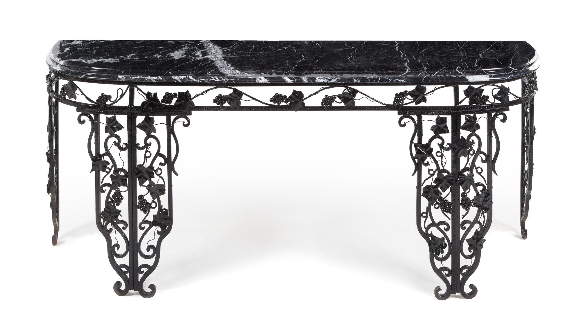 An American Wrought Iron and Marble Console Table Height 33 x width 81 1/2 x depth 19 1/4 inches. — EARLY 20TH CENTURY WITH LATER PAINT