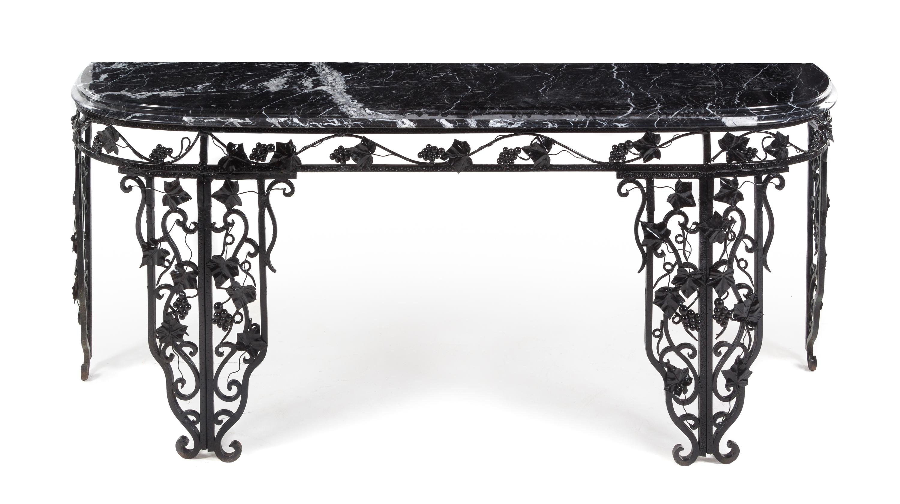 An American Wrought Iron and Marble Console Table Height 33 x width 81 1/2 x depth 19 1/4 inches. — EARLY 20TH CENTURY WITH LATER PAINT