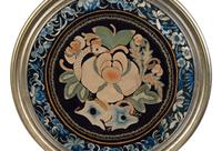 A Chinese Framed Blue Ground Embroidered Silk Panel Diameter 13 1/2 inches.