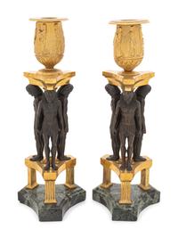A Pair of French Egyptian Revival Bronze and Marble Candlesticks