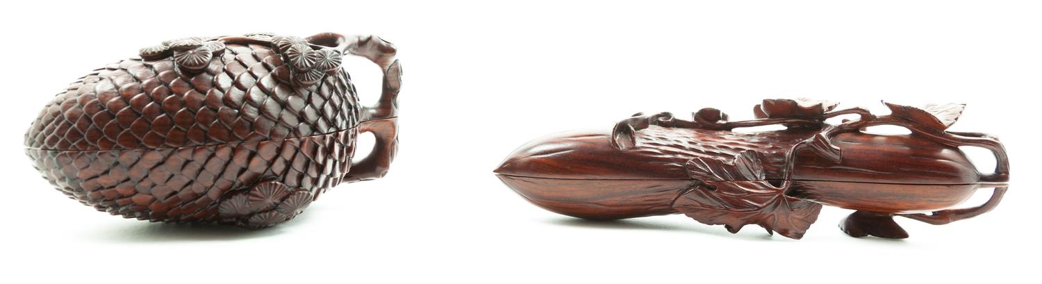 Two Chinese Carved Wood Boxes Length of first 9 1/4 inches.