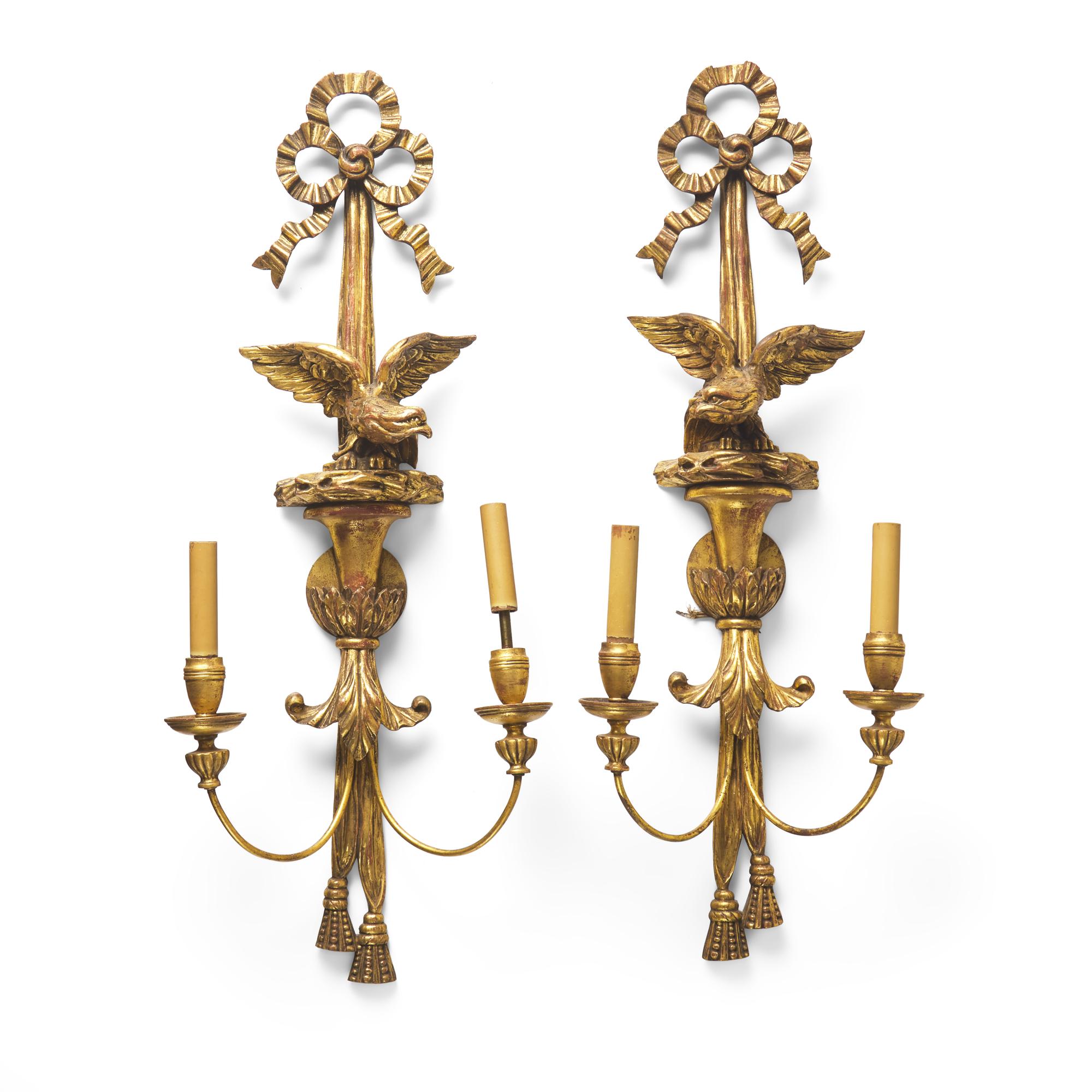 A Pair of Federal Style Carved and Giltwood Eagle Wall Sconces