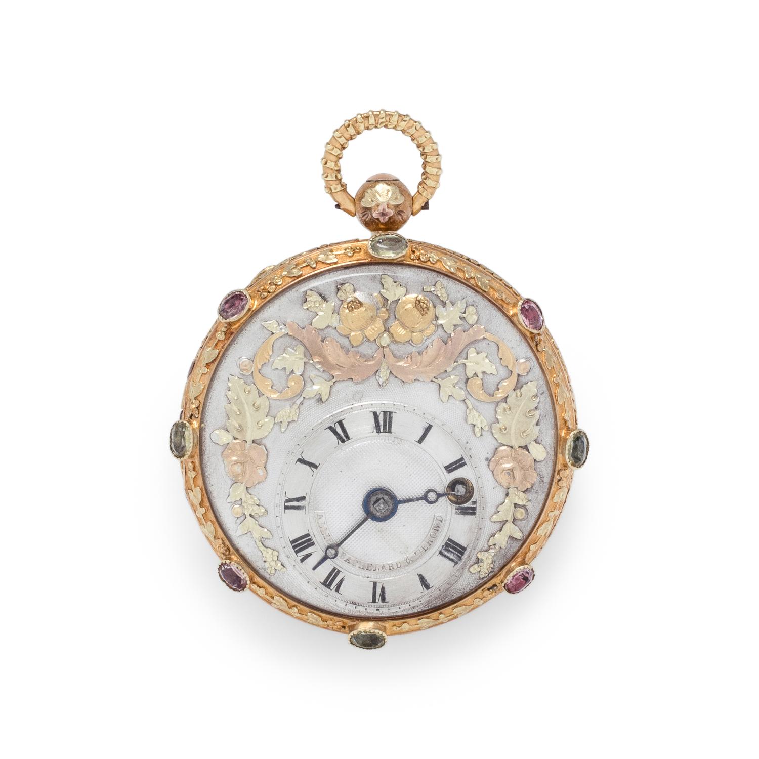 ALLIEZ, BACHELARD & TEROND FILS, TRICOLOR GOLD AND PASTE OPEN FACE POCKET WATCH