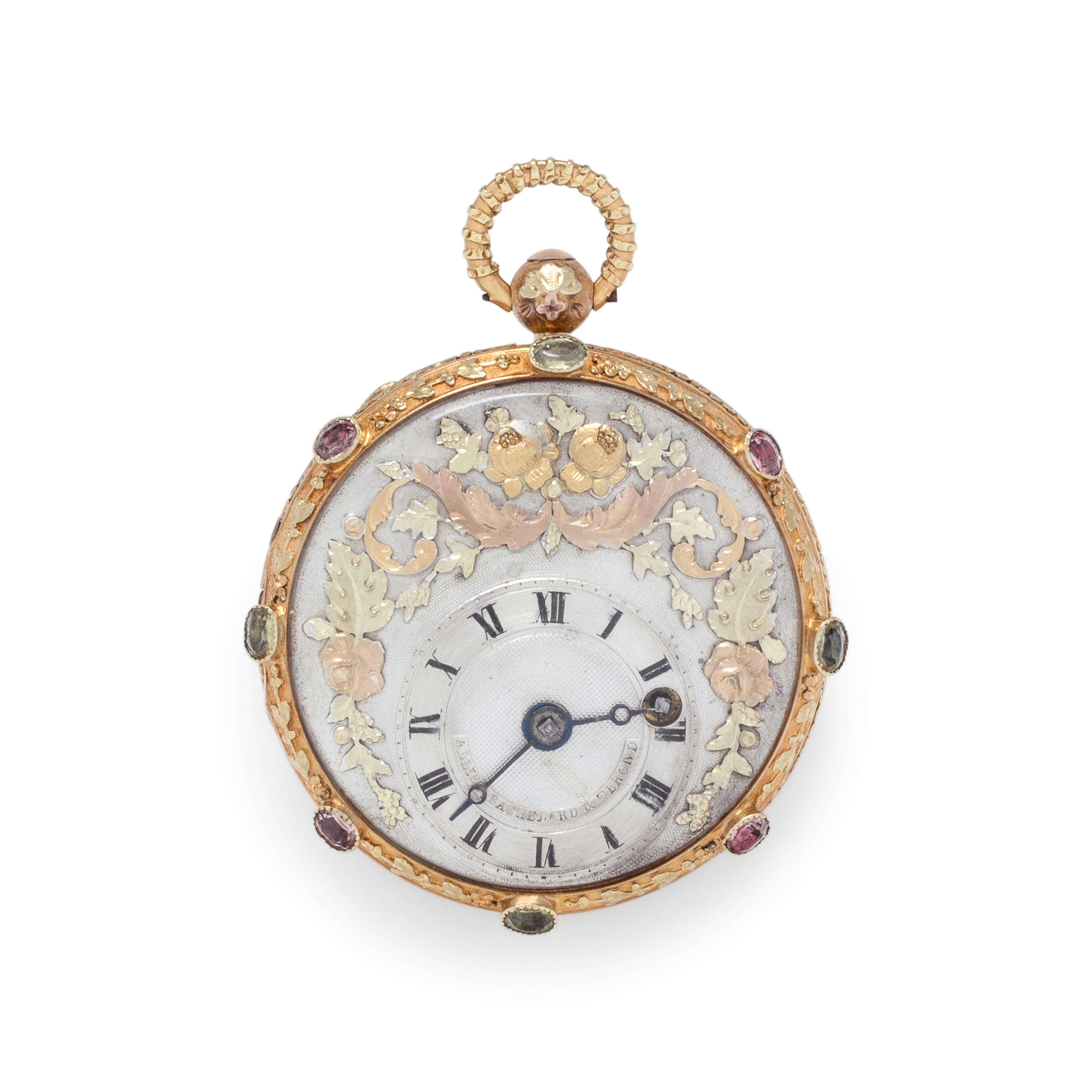 ALLIEZ, BACHELARD & TEROND FILS, TRICOLOR GOLD AND PASTE OPEN FACE POCKET WATCH