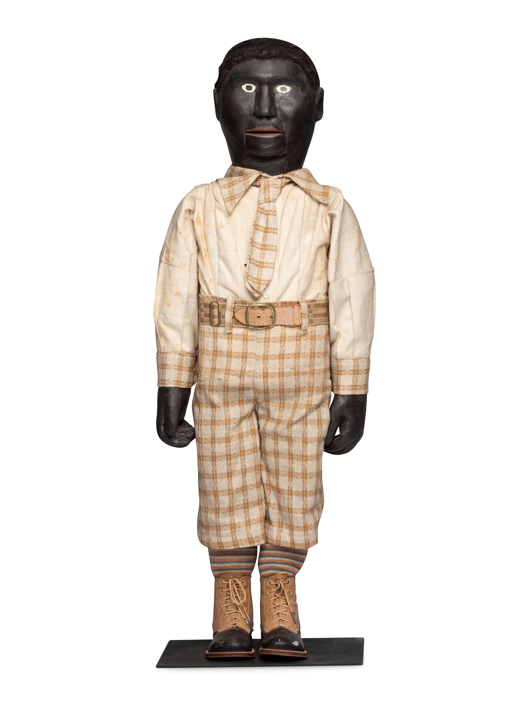 Three Vaudeville Carved and Painted Wood, Leather and Cotton Ventriloquist Dolls