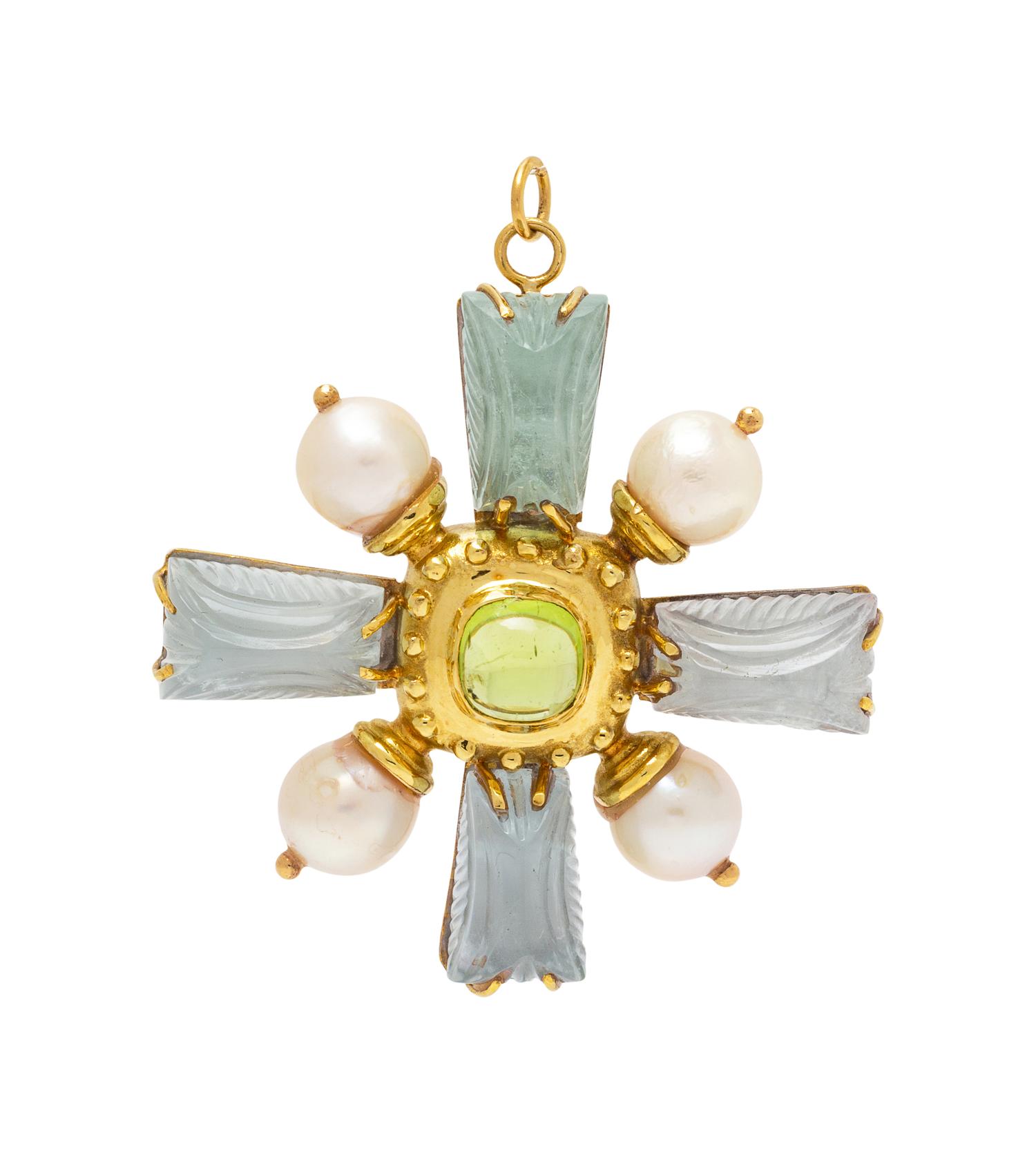 An 18 Karat Yellow Gold, Tourmaline, Cultured Pearl and Carved Hardstone Pendant/Brooch, MAZ,