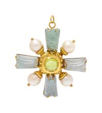 An 18 Karat Yellow Gold, Tourmaline, Cultured Pearl and Carved Hardstone Pendant/Brooch, MAZ,