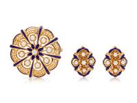 A Yellow Gold, Cultured Pearl, Diamond and Enamel Demi Parure,