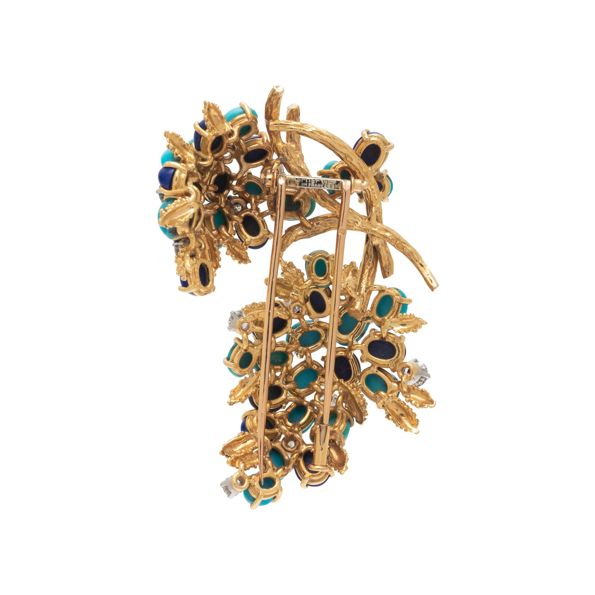 CARTIER, TURQUOISE, LAPIS LAZULI AND DIAMOND BROOCH