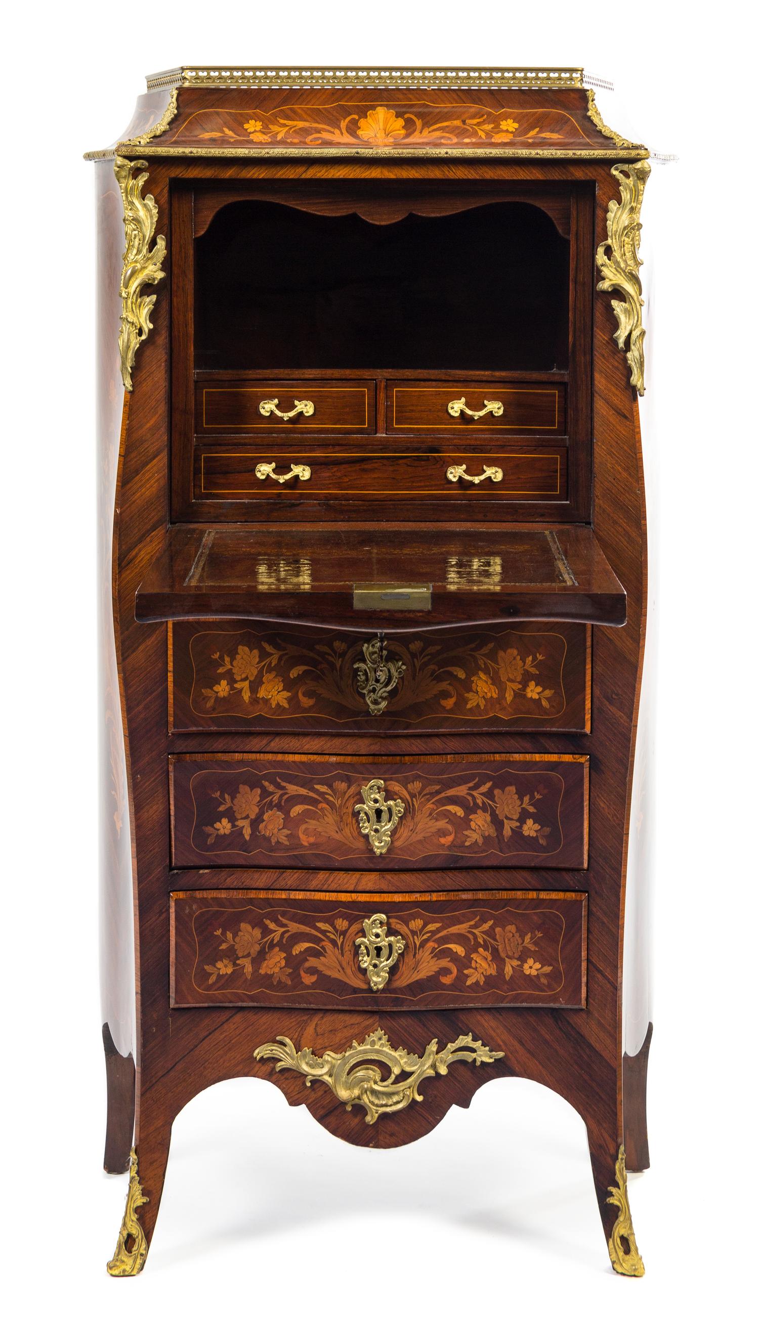 A Louis XV Style Gilt Bronze Mounted Marquetry Secretaire a Abattant Height 51 1/2 x width 27 1/4 x depth 12 inches. — LATE 19TH CENTURY