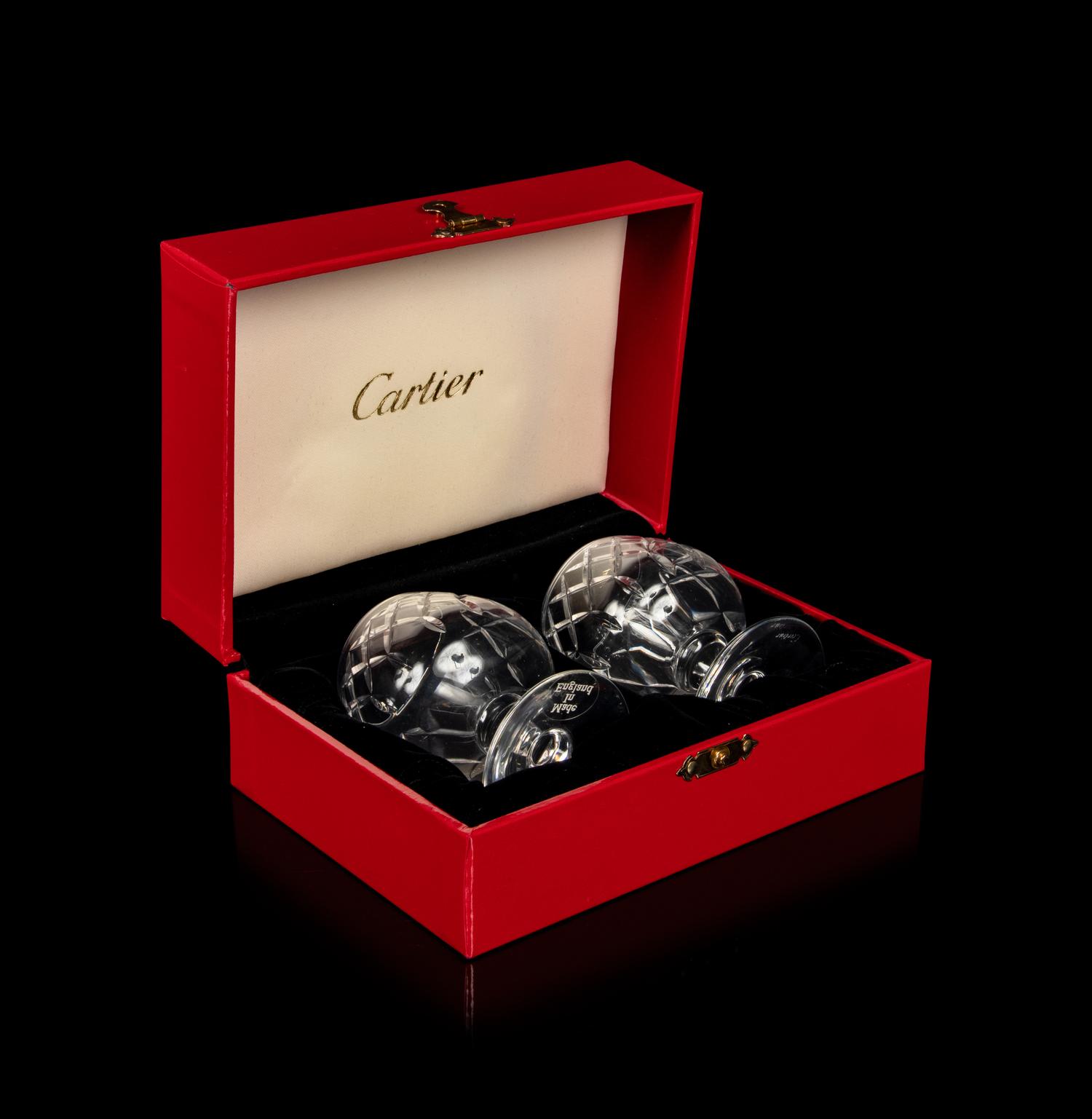 Three Cased Sets of Two Cartier Tom Thumb Small Brandy Glasses