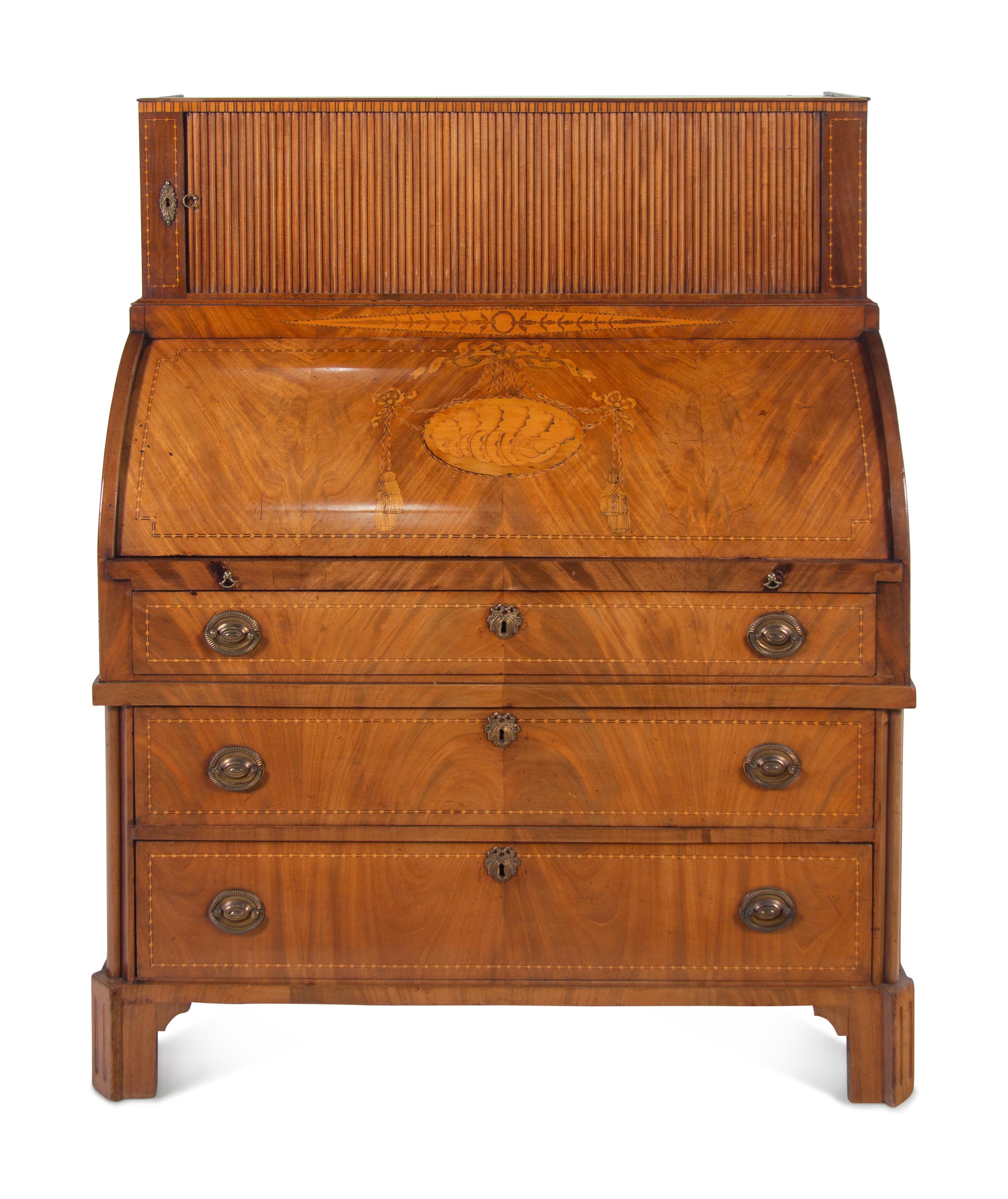 A George III Mahogany and Marquetry Cylinder-Top Bureau