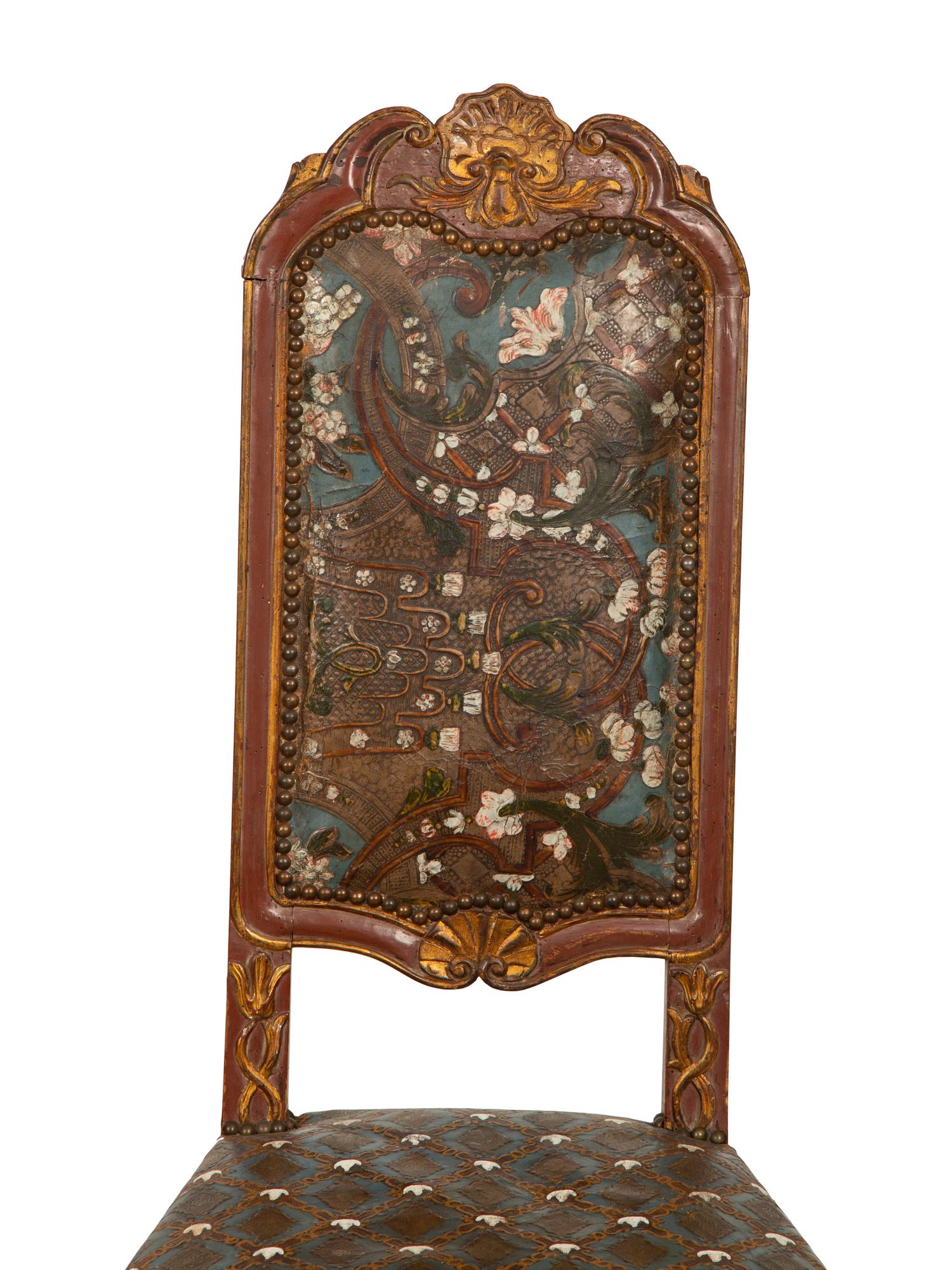 A Pair of Spanish Painted and Parcel Gilt High Back Side Chairs with Painted Leather Upholstery